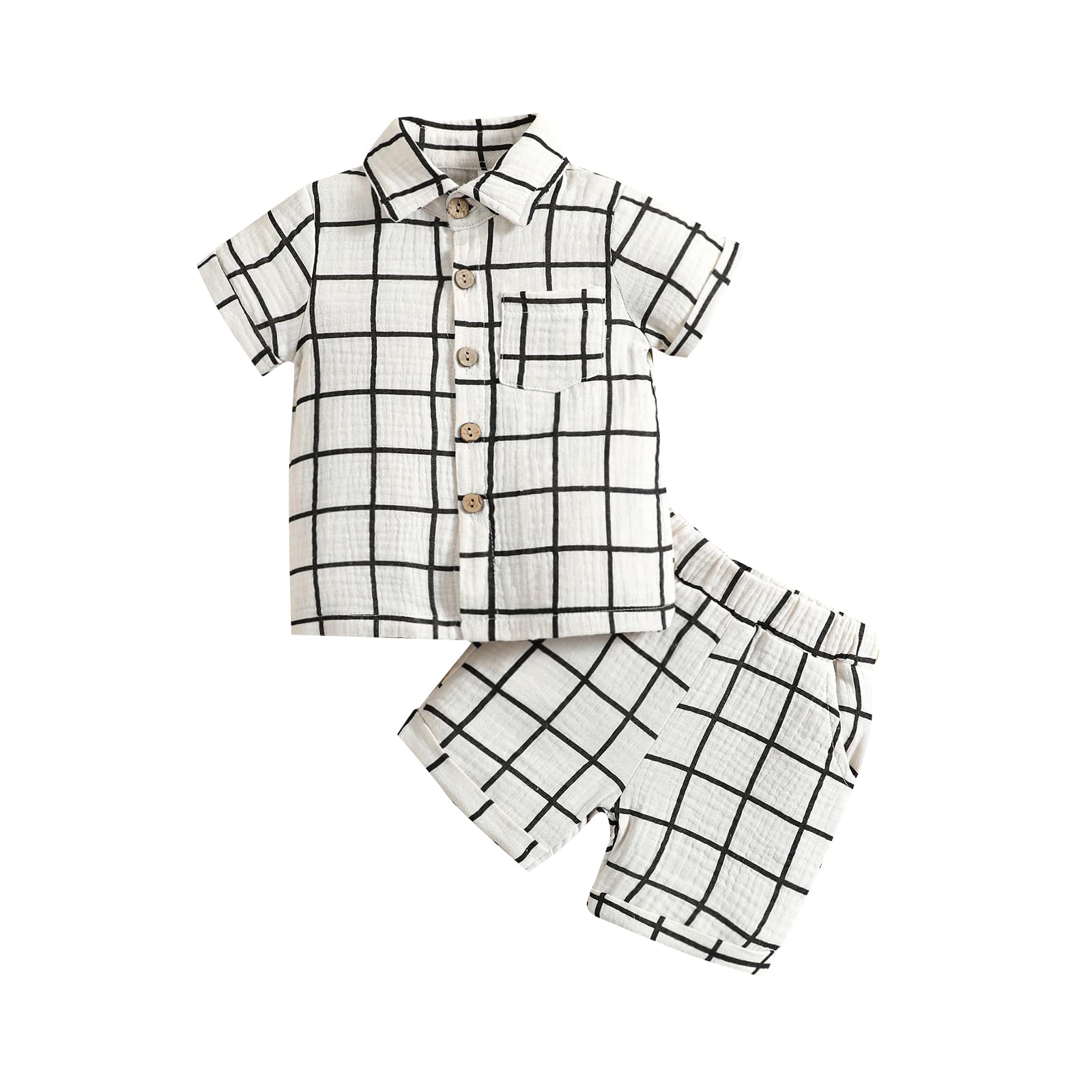Baby Boys 2-Piece Plaid Print Short Outfit Set - Short Sleeve Button Down Shirt & Elastic Waist Shorts - Perfect for Summer Playdates & Casual Outings