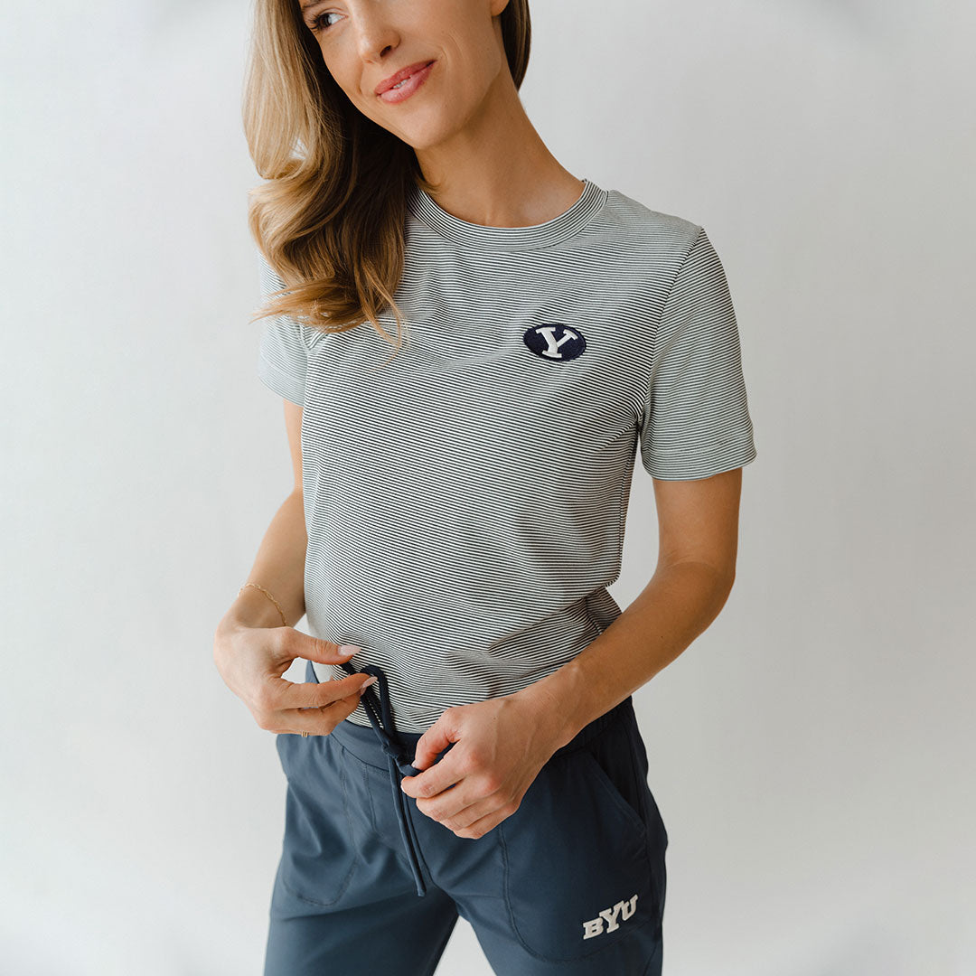 BYU Boyfriend T-Shirt for Women - Soft & Comfortable Striped Tee - Casual Loose Fit Top for Everyday Wear, Date Night & Relaxing at Home
