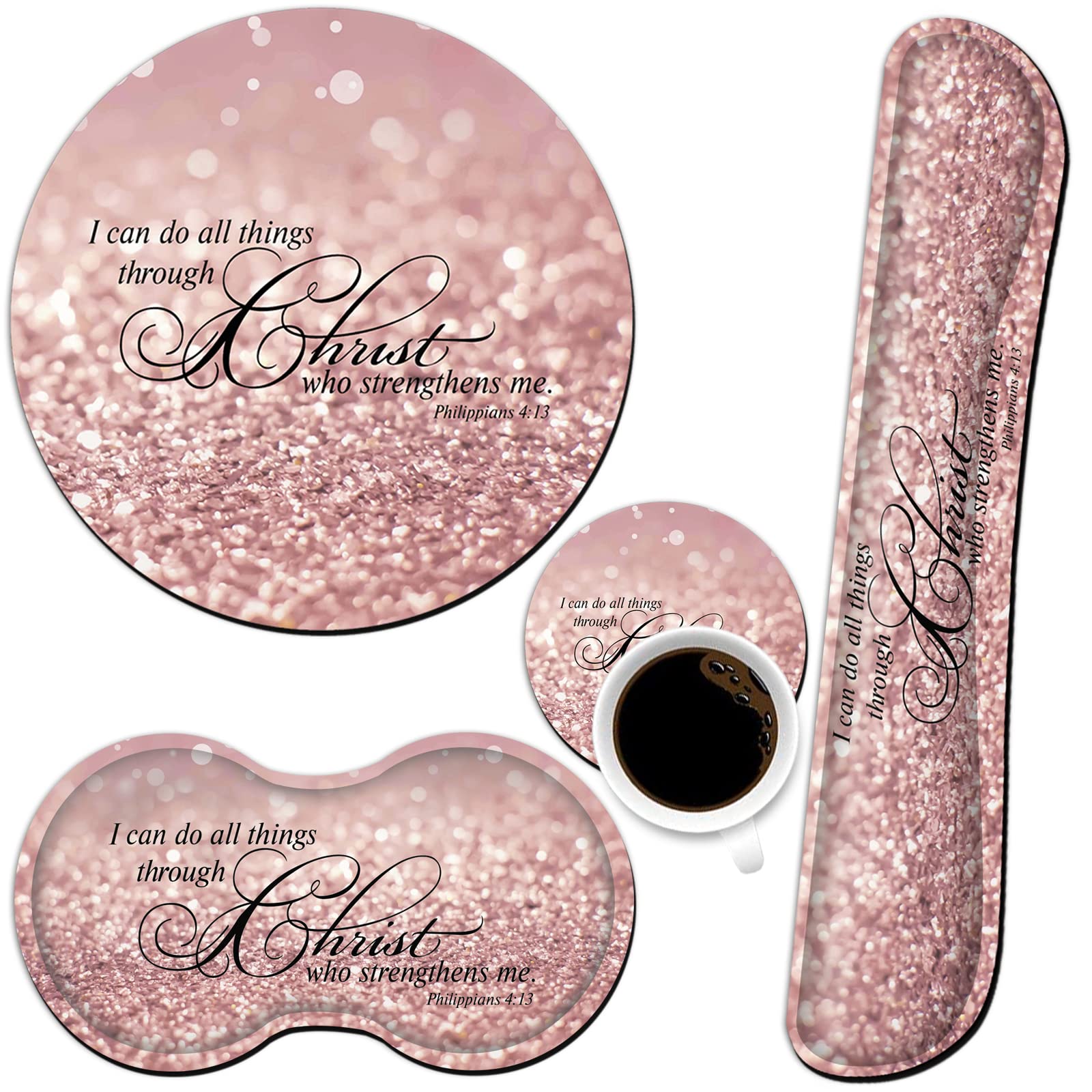 Ergonomic 4-Piece Keyboard & Mouse Wrist Rest Set with Memory Foam Support & Coaster - Pink Glitter Design for Comfortable Computer Use at Home & Office (Philippians 4:13 Inspired) | Perfect for Typing, Gaming & Long Work Sessions