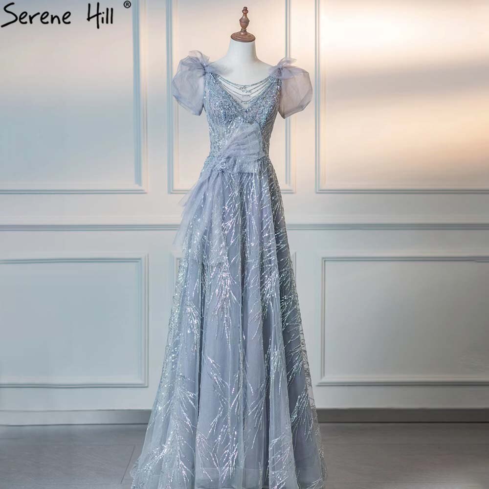 Serene Hill Grey Luxury Puffy Sleeves Evening Dress with Beaded A-Line Design for Women - Perfect for Parties, Galas & Formal Events 2025