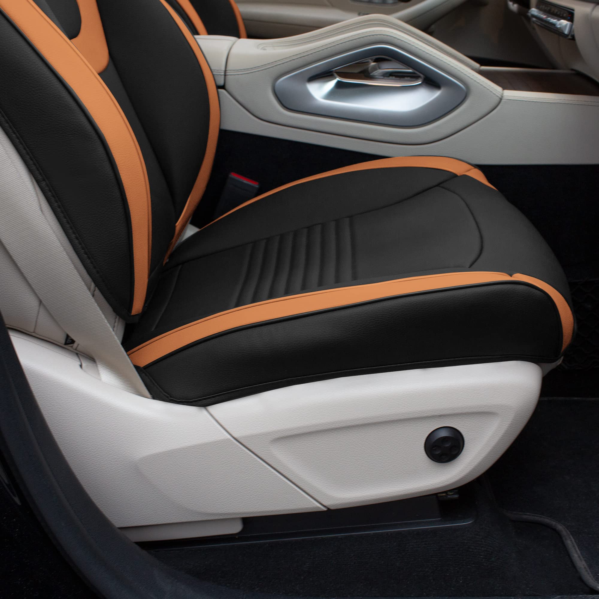 Premium TLH Hybrid70 Deluxe Faux Leather Brown Car Seat Covers Set - Modern Pattern, Universal Fit for Cars, Trucks & SUVs (2-Pack) | Waterproof Seat Protector Cushion | Perfect for Daily Commute, Road Trips & Family Travel