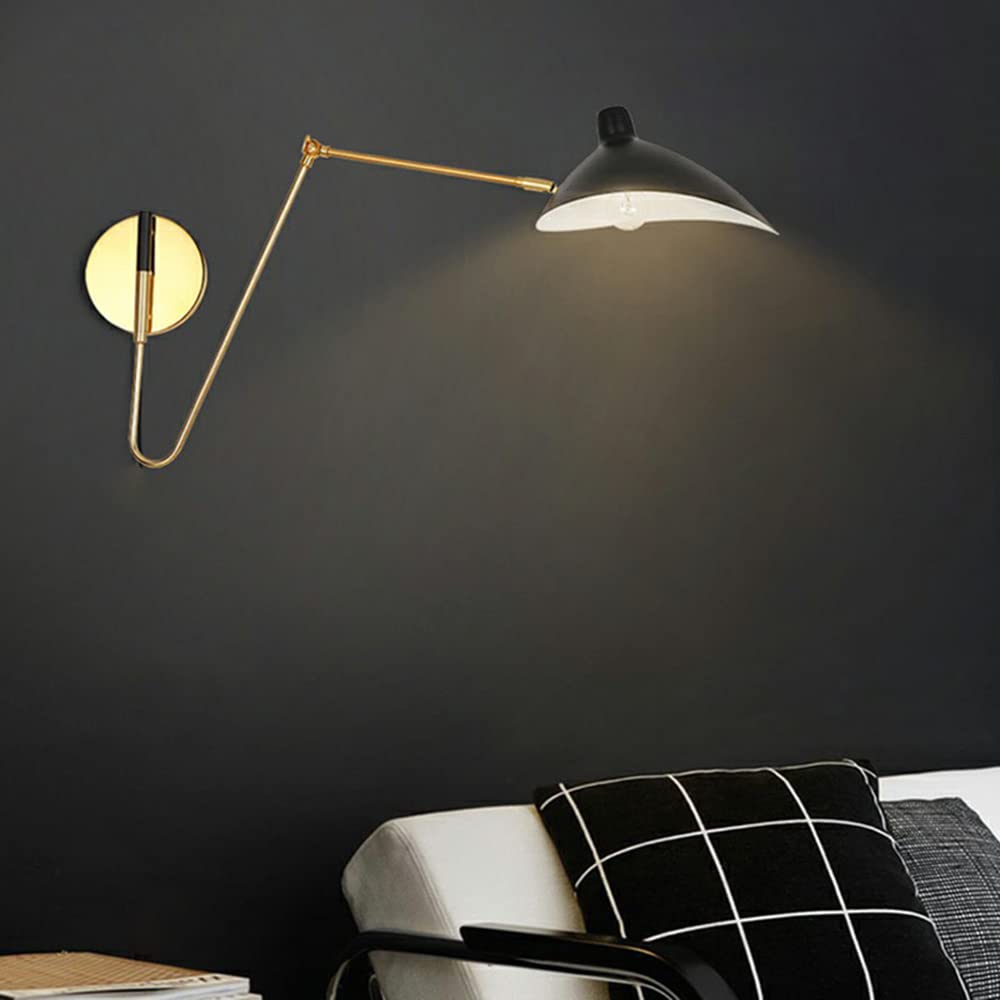 Contemporary Adjustable Wall Mounted Lamp - Gold & Black LED Swing Arm Light Fixture with Curved Arm for Bedroom, Hotel, Garage, Porch, Cafe | Modern 1-Light Sconce Lighting for Home & Commercial Spaces