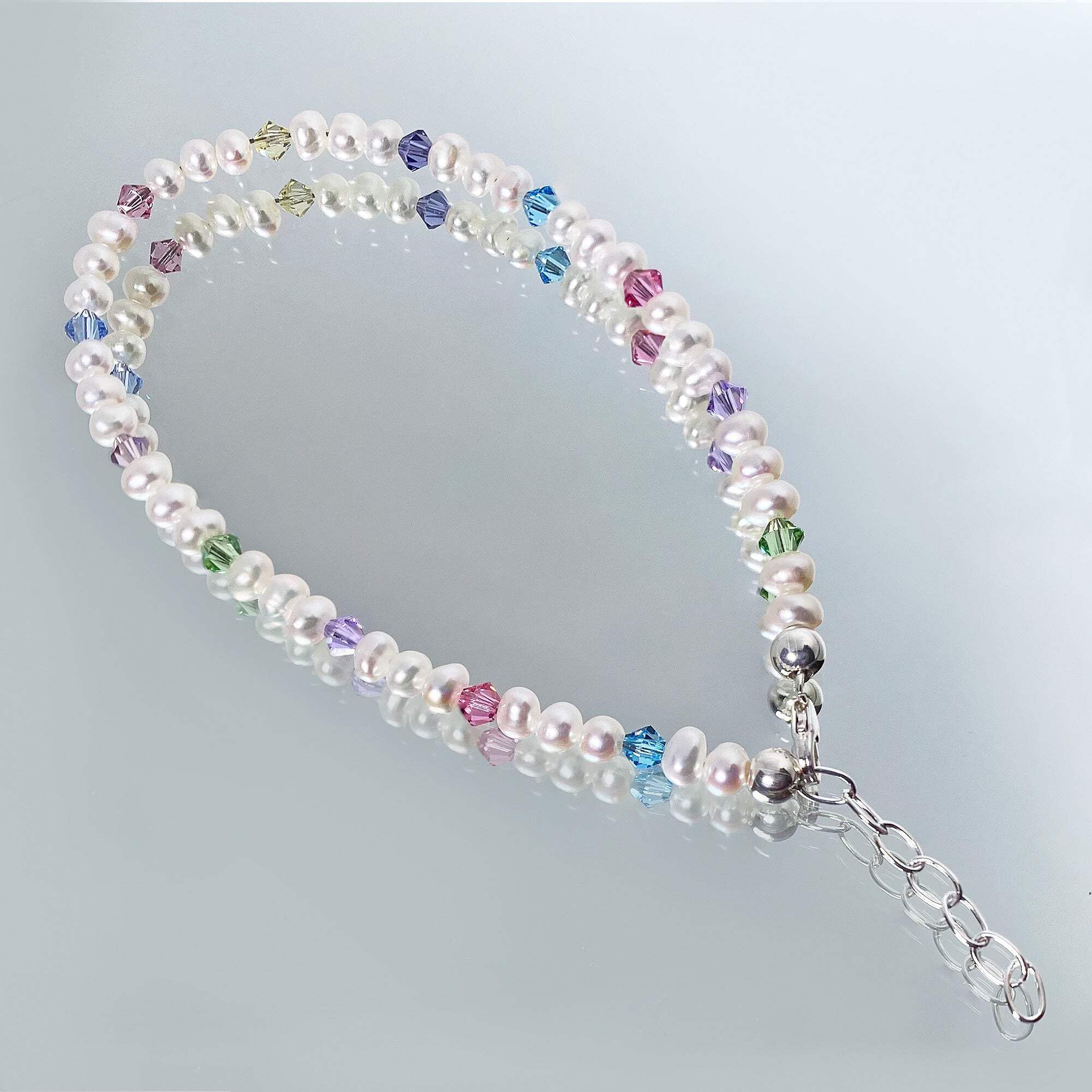 925 Silver Pearl Crystal Anklet 9-10