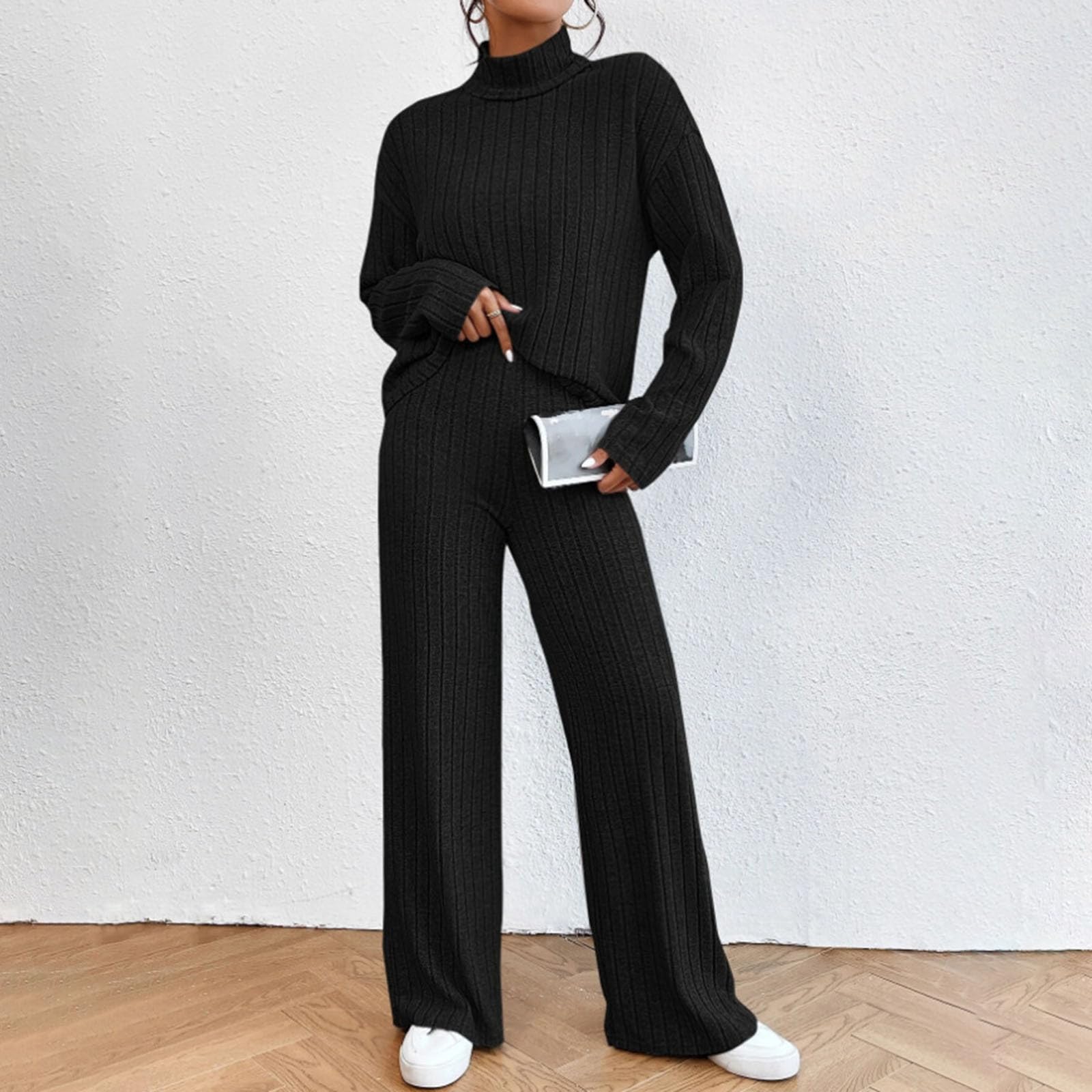 Women's Solid High Neck Pullover Sweater & Wide Leg Lounge Pants Set - Casual Two Piece Outfit for Home, Office & Fall 2024 Fashion
