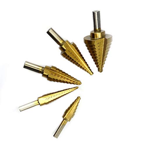 5Pcs HSS Titanium Step Drill Bit Set - High Speed Steel Straight Flute Pagoda Hole Cutter for Metal, Wood, Plastic - Includes Aluminum Storage Case - Perfect for DIY, Home Improvement & Professional Metalworking Projects