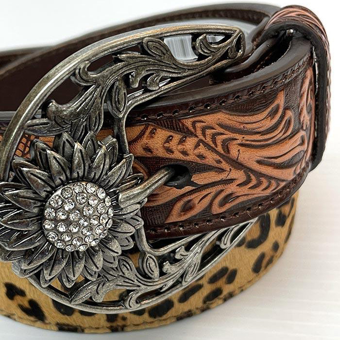 Angel Ranch Women's Leopard & Sunflower Tooled Western Belt - Stylish Accessory for Jeans, Dresses & Boho Outfits