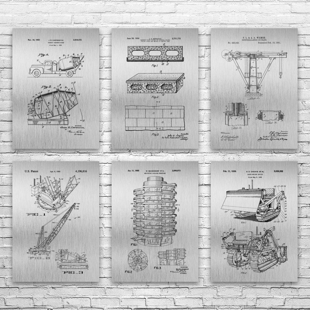 6-Piece Earth Building Construction Poster Set - Construction Worker & Contractor Gift - Truck Blueprint & Workshop Wall Art in Brushed Steel (12x18 Inch) - Perfect for Office Decor, Construction Sites & DIY Workshops