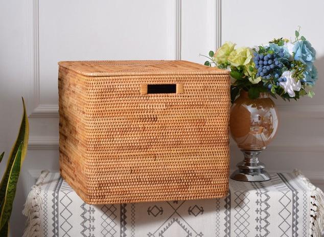 Extra Large Storage Baskets for Clothes - Oversized Rectangular Wicker Rattan Basket with Lid - Organizer for Shelves, Bedroom, Closet & Laundry Room - Perfect for Home Organization & Decluttering