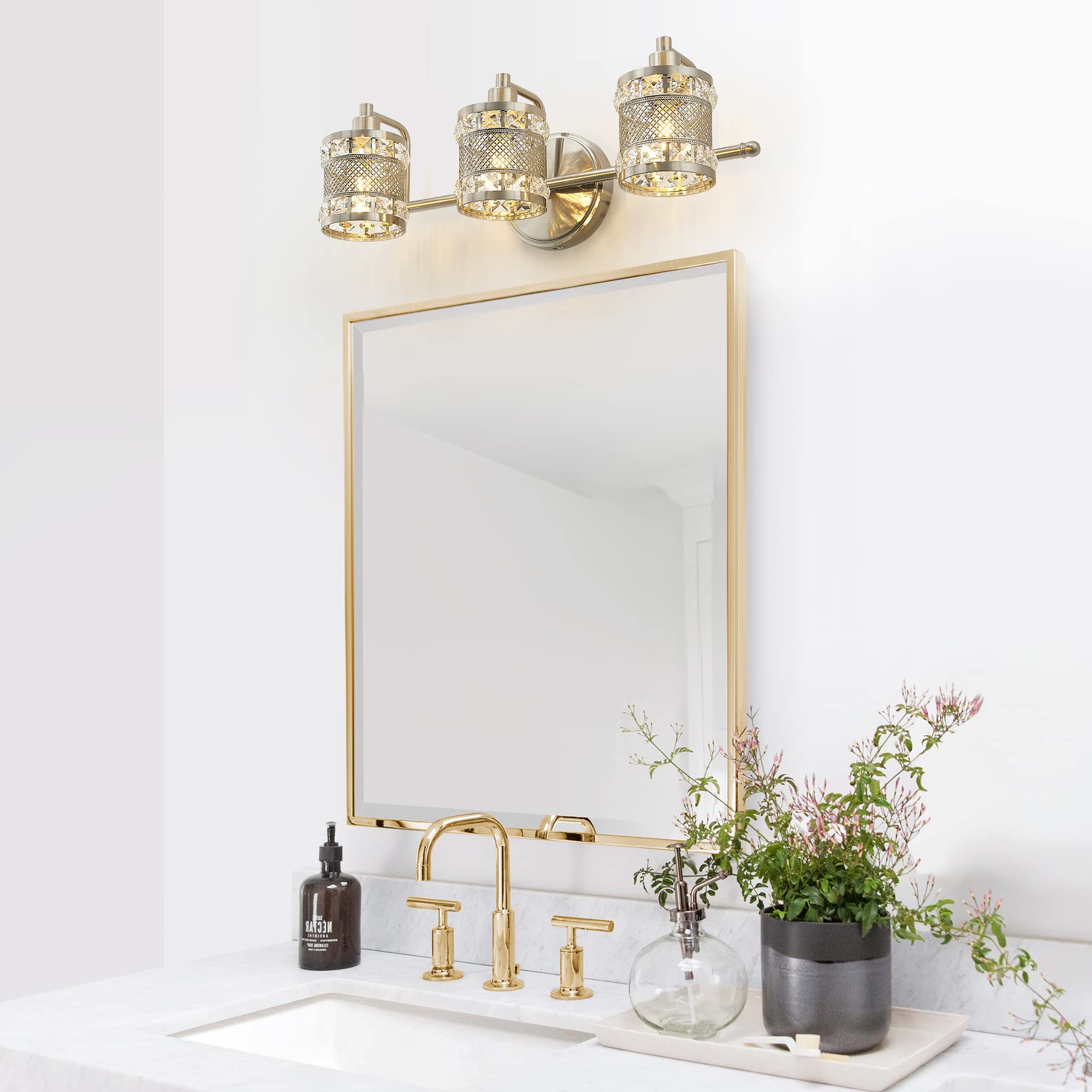 Modern Chrome Crystal Vanity Light - Bathroom Wall Sconce with Brushed Nickel Finish, Over Mirror Lighting Fixture for Bedroom, Restroom, Dining Room & Kitchen (Bulbs Not Included) - Perfect for Makeup, Shaving & Ambient Lighting