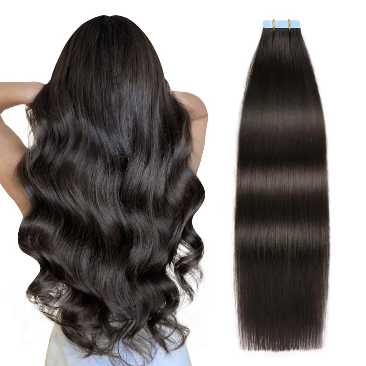 SUYYA 26 Inch Off Black Human Hair Tape in Extensions - 60g/pack 20pcs Straight Seamless Skin Weft Real Human Hair (#1B) for Daily Wear, Parties & Special Occasions