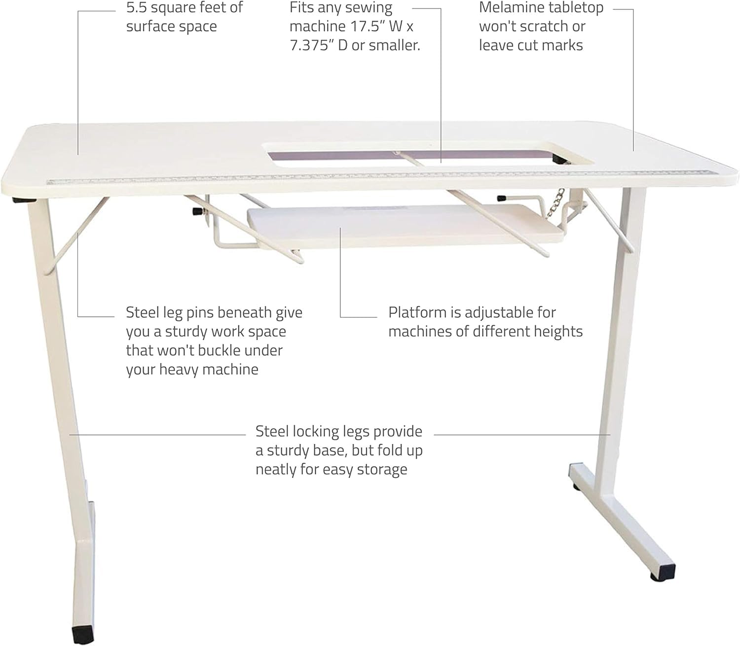 LUXOR SR-JTBAS SewStation 101 Portable Folding Sewing Table with Steel Legs - Compact White Sewing Desk for Quilting, Crafting & Home DIY Projects - Perfect for Small Spaces & Travel
