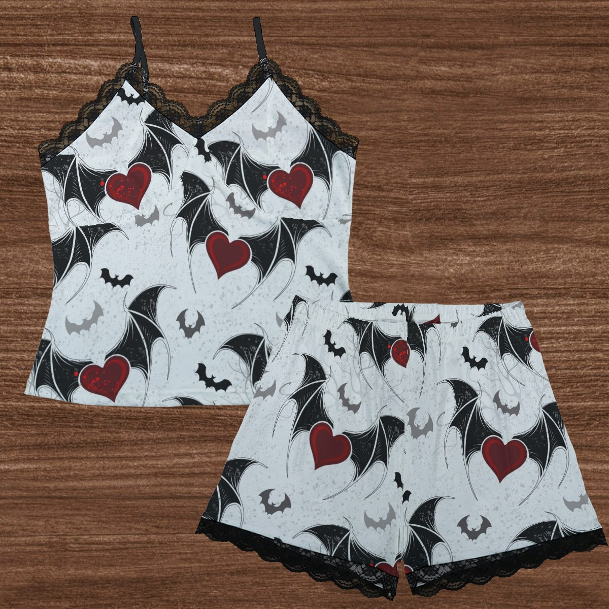 Hearts with Bat Wings Lace Trim Cami Pajama Set - Comfortable Sleepwear for Women, Perfect for Lounging & Bedtime