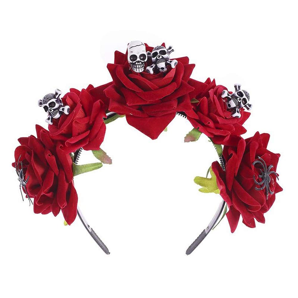 ITODA Red Flower Skull Headband - Gothic Halloween Spider Crown Tiara for Day of the Dead (Día de Muertos) Costume, Cosplay & Mardi Gras Festival | Perfect for Mexican Themed Parties, Gothic Weddings & Halloween Costume Contests