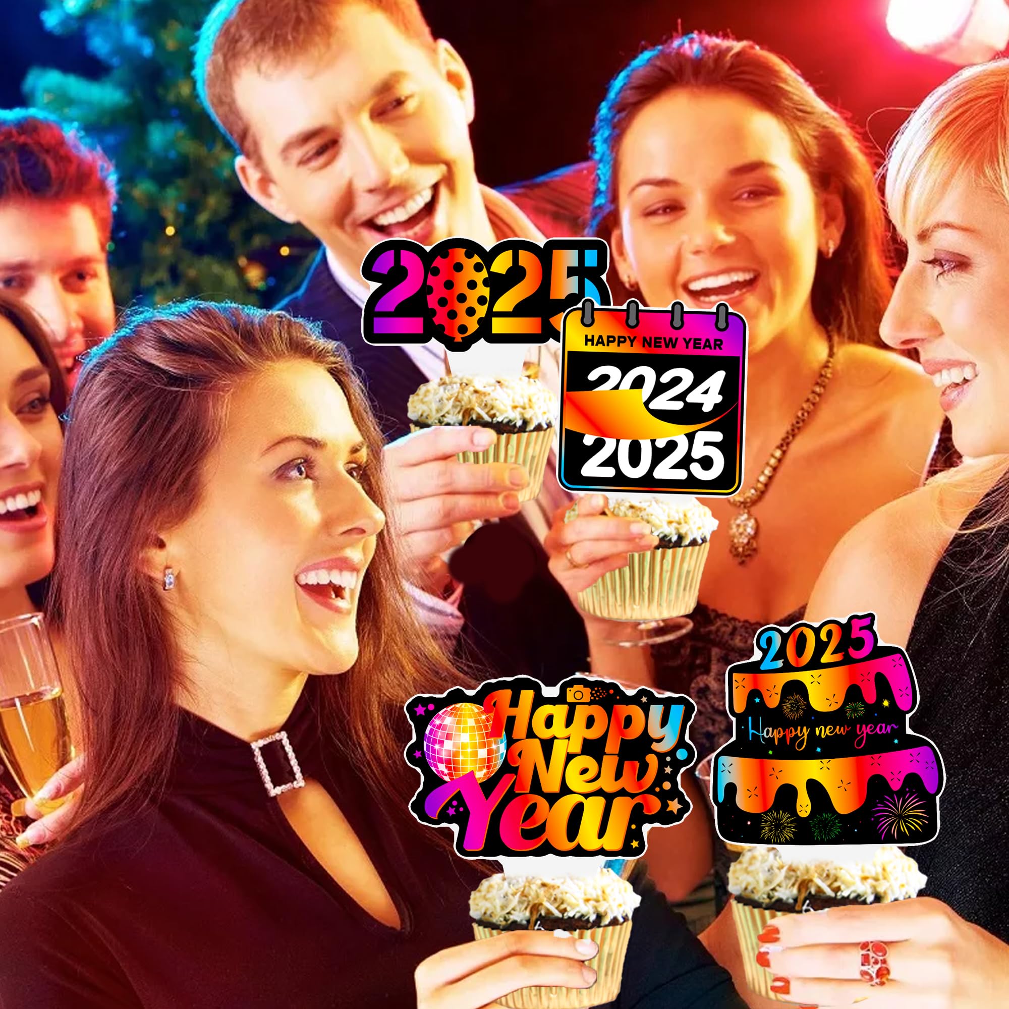 48pcs 2025 Happy New Year Cupcake Toppers - Colorful Cheers to 2025 Cupcake Picks for New Year's Eve Party, Holiday & Birthday Celebrations - Perfect for Welcome 2025 Theme Parties, Office Events & Family Gatherings
