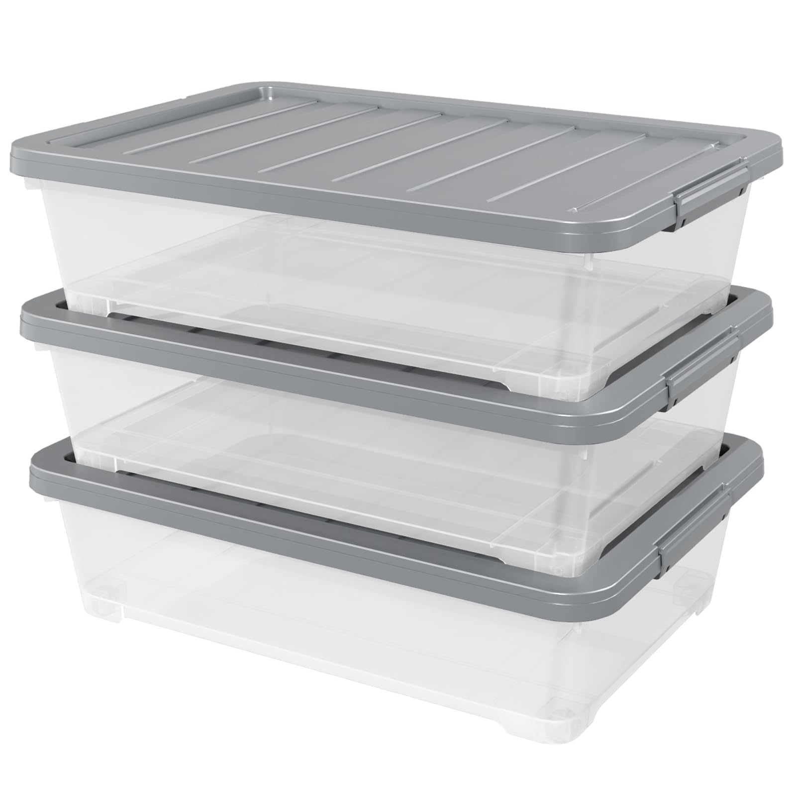 Readsky 3-Pack Large Clear Plastic Wheeled Underbed Storage Boxes with Gray Lids - 40L Capacity for Clothes, Blankets & Seasonal Items - Space-Saving Organizer for Bedroom, Closet & Dorm Room