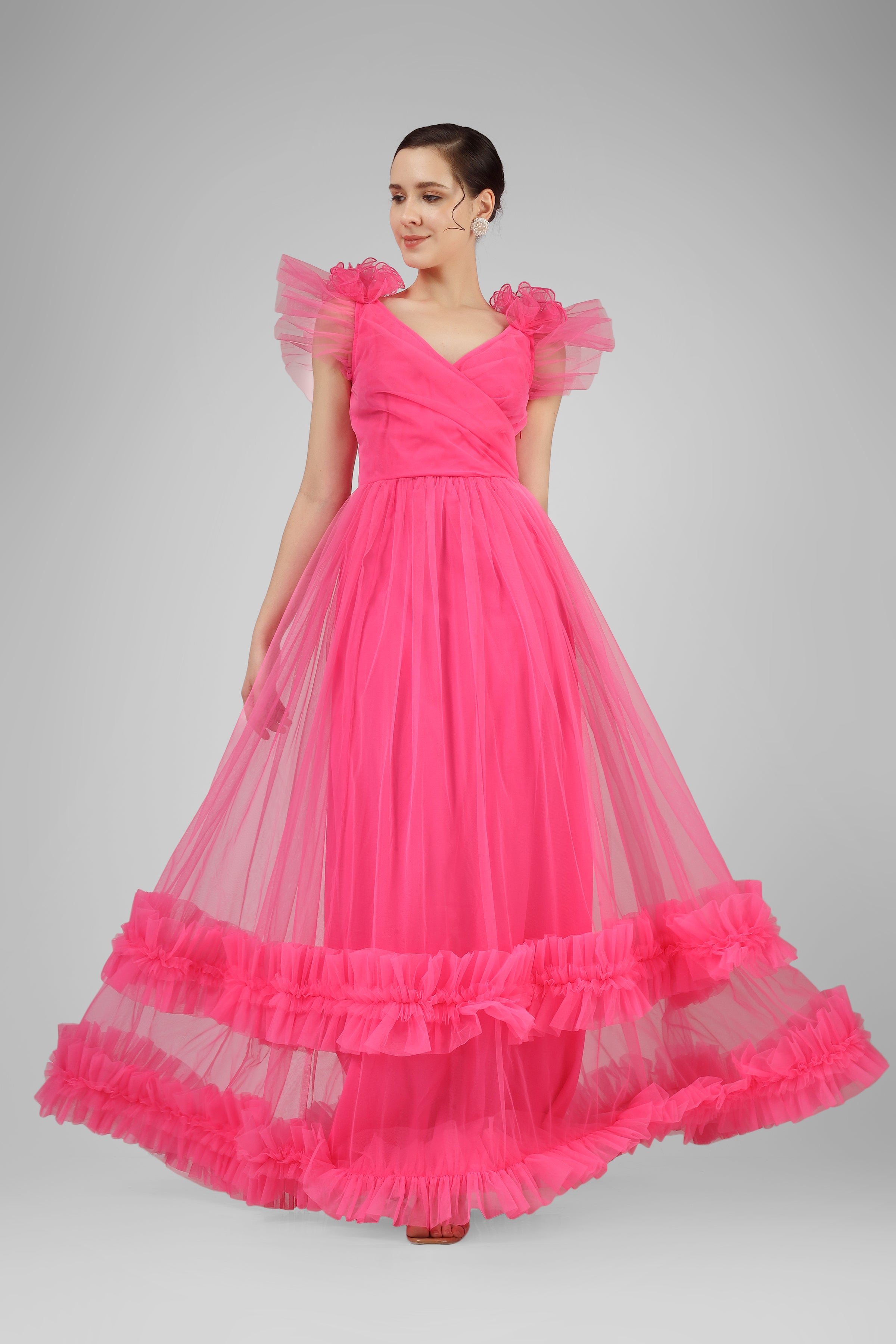 Nova Pink Tulle Corsage Maxi Dress for Women - Elegant Formal Gown for Prom, Wedding, Evening Party & Special Occasions