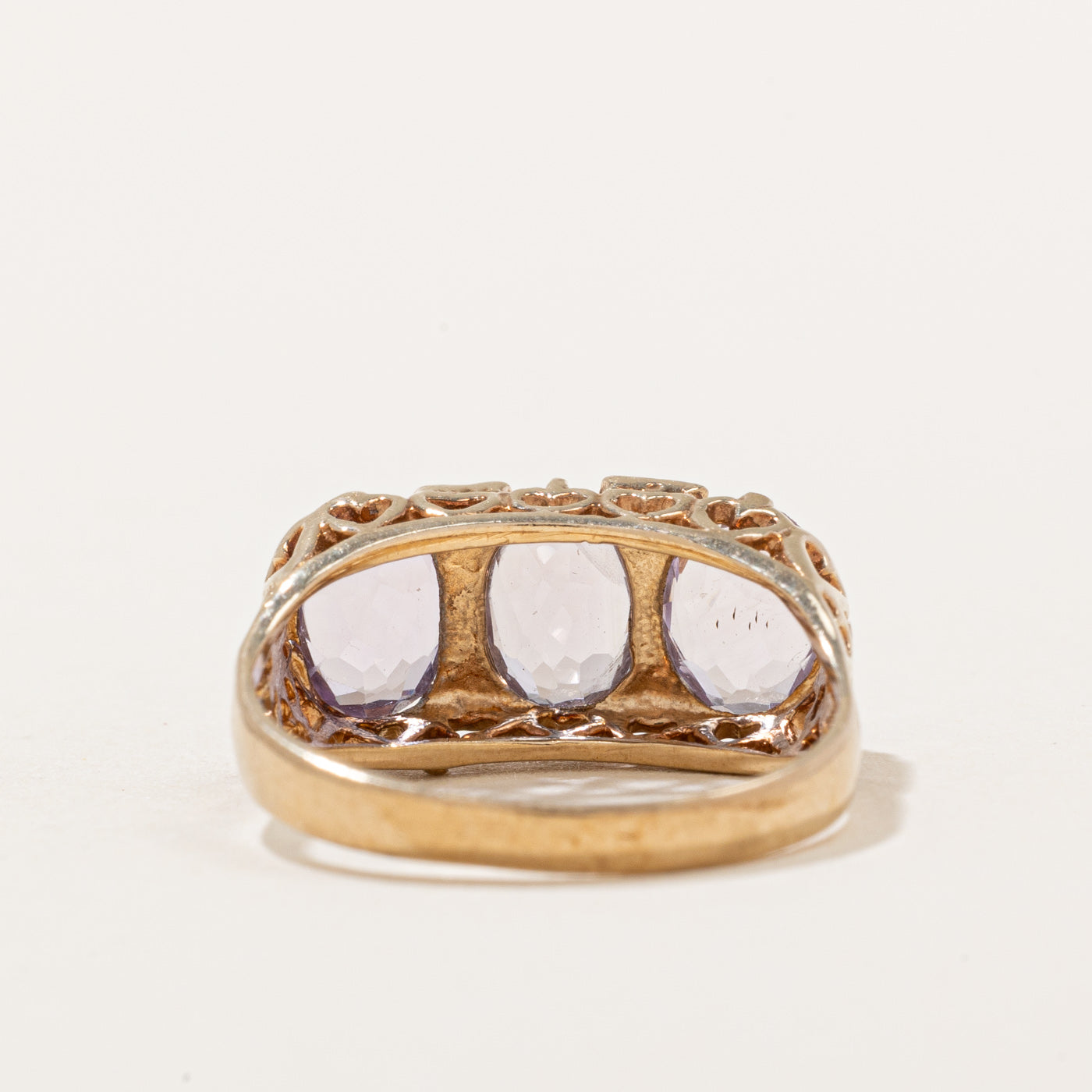 Vintage 1988 London Three Stone Amethyst Cocktail Ring - 1.50ctw Purple Gemstone Jewelry - Size 6 - Elegant Evening Wear & Special Occasion Gift