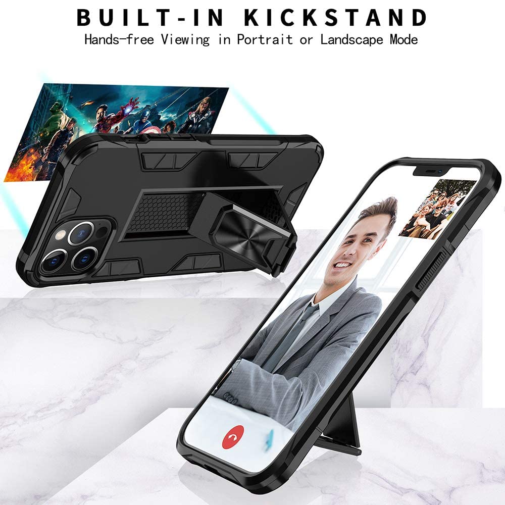 Military Grade Shockproof iPhone 12 Pro Max Case with Built-in Kickstand & Magnetic Car Mount | Tempered Glass Screen Protector Included | Rose Gold Protective Phone Cover for Work, Travel & Outdoor Activities