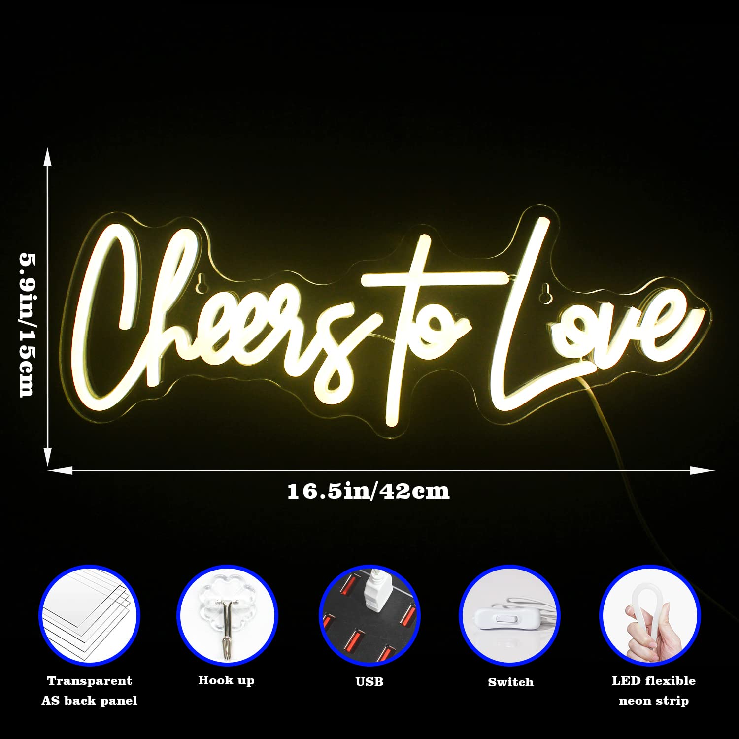 Lucunstar Cheers to Love Neon Sign - Warm White LED Wall Decor for Wedding, Bedroom & Party - USB Powered Romantic Light Sign (16.5