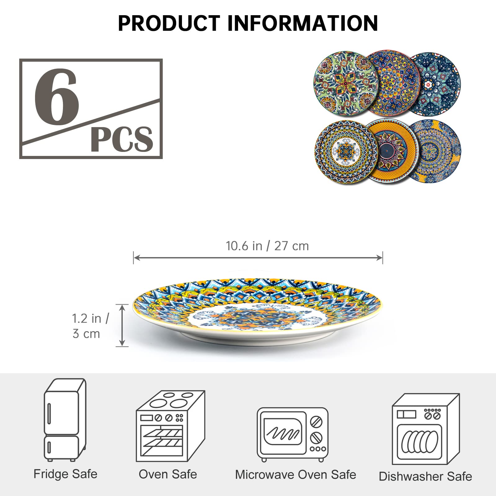 HENXFEN LEAD 10.5 Inch Porcelain Dinner Plates Set of 6 - Microwave & Oven Safe Colorful Serving Dishes for Pasta, Salad, Dessert | Bohemian Style Kitchen & Restaurant Dishware | Perfect for Daily Meals, Parties, and Fine Dining