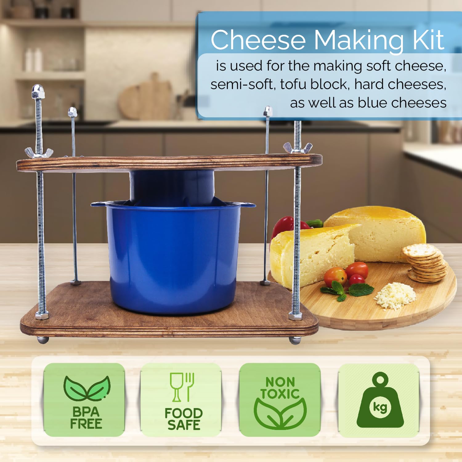 Premium Wooden Cheese Press Kit - 12in Plywood with 1/2in Thick Metal Guides & Cheese Mold - 1/2 Gallon Capacity - DIY Cheese Making Supplies for Home Cheesemakers - Perfect for Cheddar, Gouda & Artisan Cheeses - Prensa Para Queso Casero - Ideal for Home Kitchens & Small Batch Cheese Production