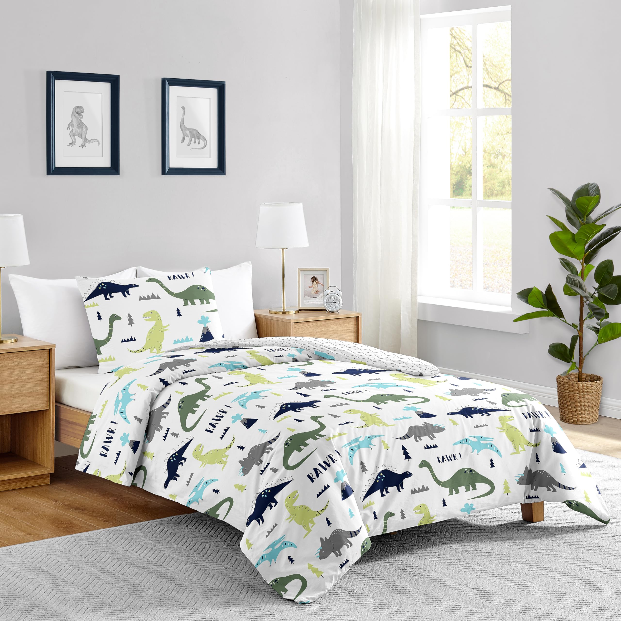 Modern Navy Blue & Green Dinosaur 4-Piece Twin Bedding Set for Boys & Girls - Kids' Bedroom Decor, Dino Themed Room, Teen Bedroom Essentials, Soft & Comfortable Bed Sheets for Children's Room