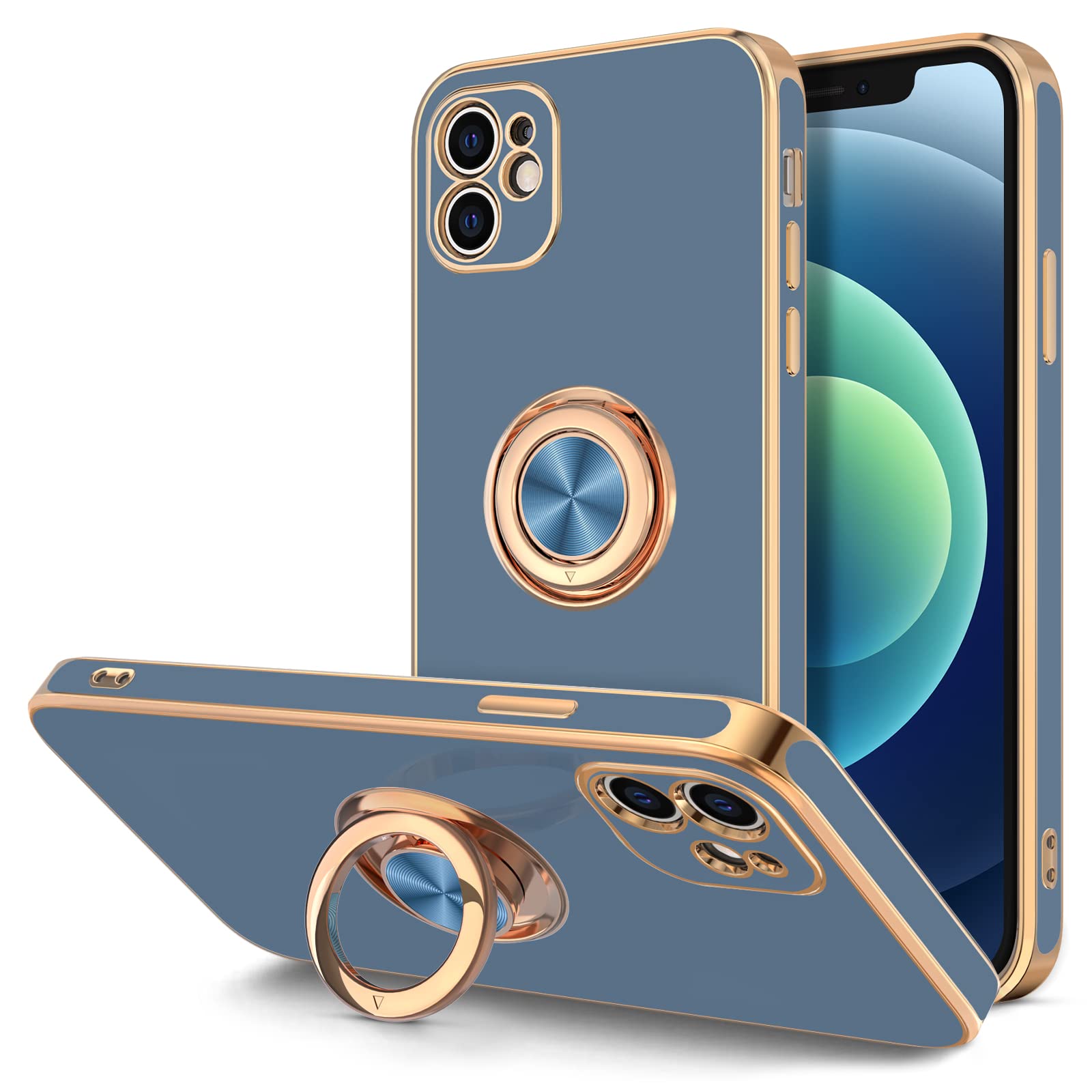Hython Magnetic Ring Stand Case for iPhone 12 - 360° Rotatable Kickstand, Shockproof Protective Cover with Soft Microfiber Lining & Rose Gold Edge (Blue Gray) - Perfect for Hands-Free Viewing, Gaming, and Daily Protection