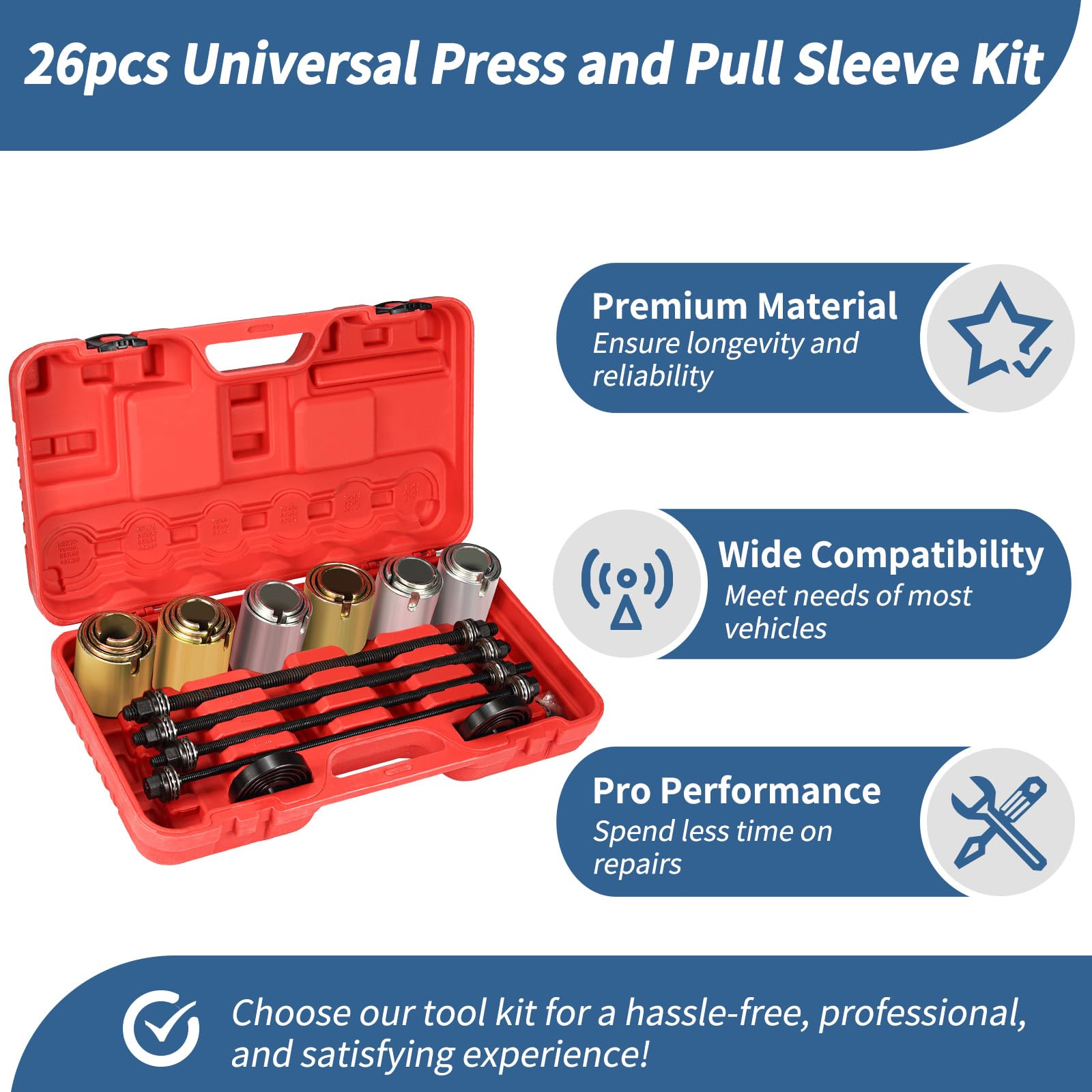 26pcs Universal Press and Pull Sleeve Kit - Bushing Bearings Installation & Removal Tool Set for Automotive, Machinery & DIY Repairs - Perfect for Mechanics, Engineers and Home Workshops