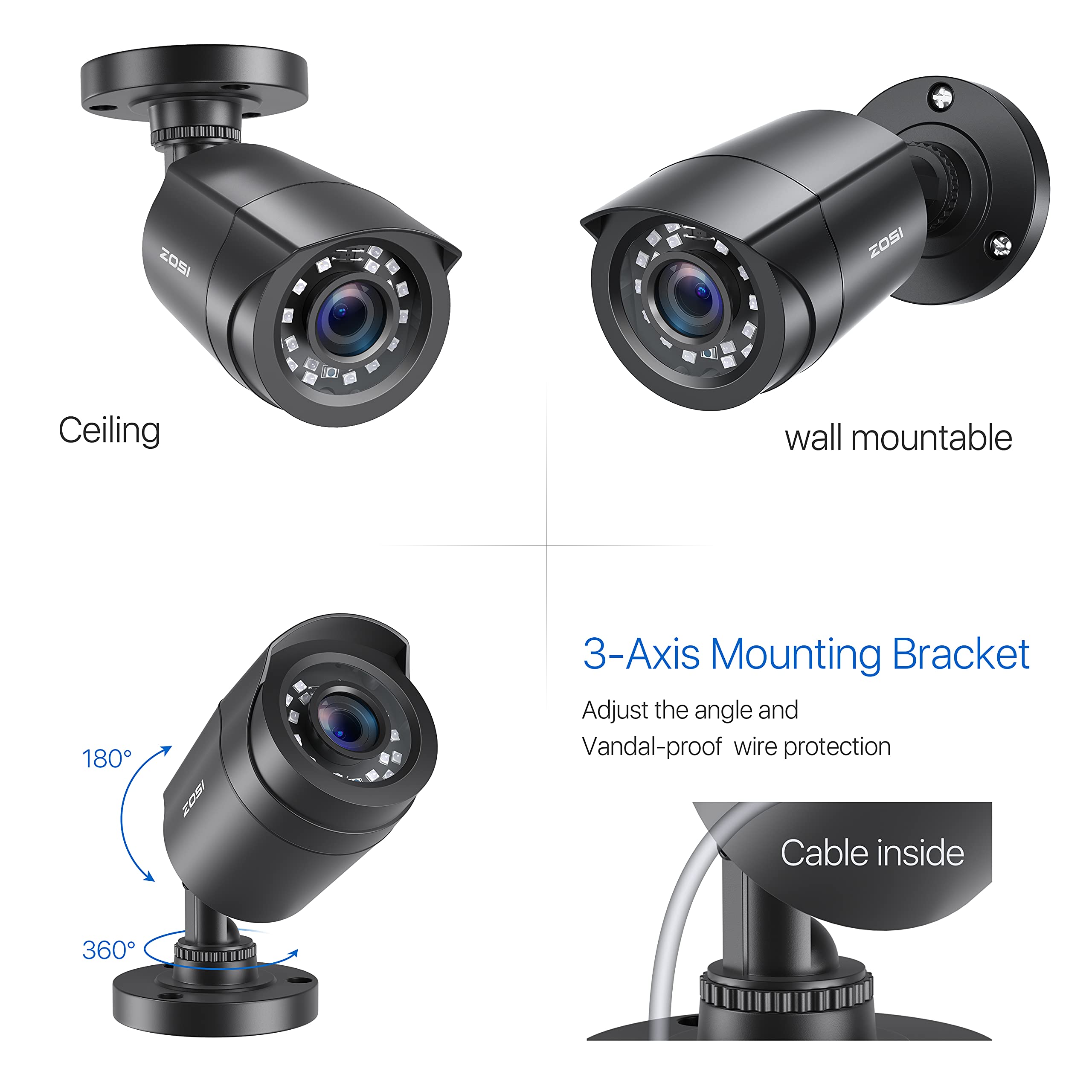 ZOSI 4 Pack 2MP 1080p HD-TVI Security Cameras for Home - Outdoor/Indoor Surveillance with 24 IR LEDs, 80ft Night Vision, 90°View Angle, Weatherproof CCTV Bullet Cameras (Black) - Ideal for Home Security, Business Monitoring, and Property Protection
