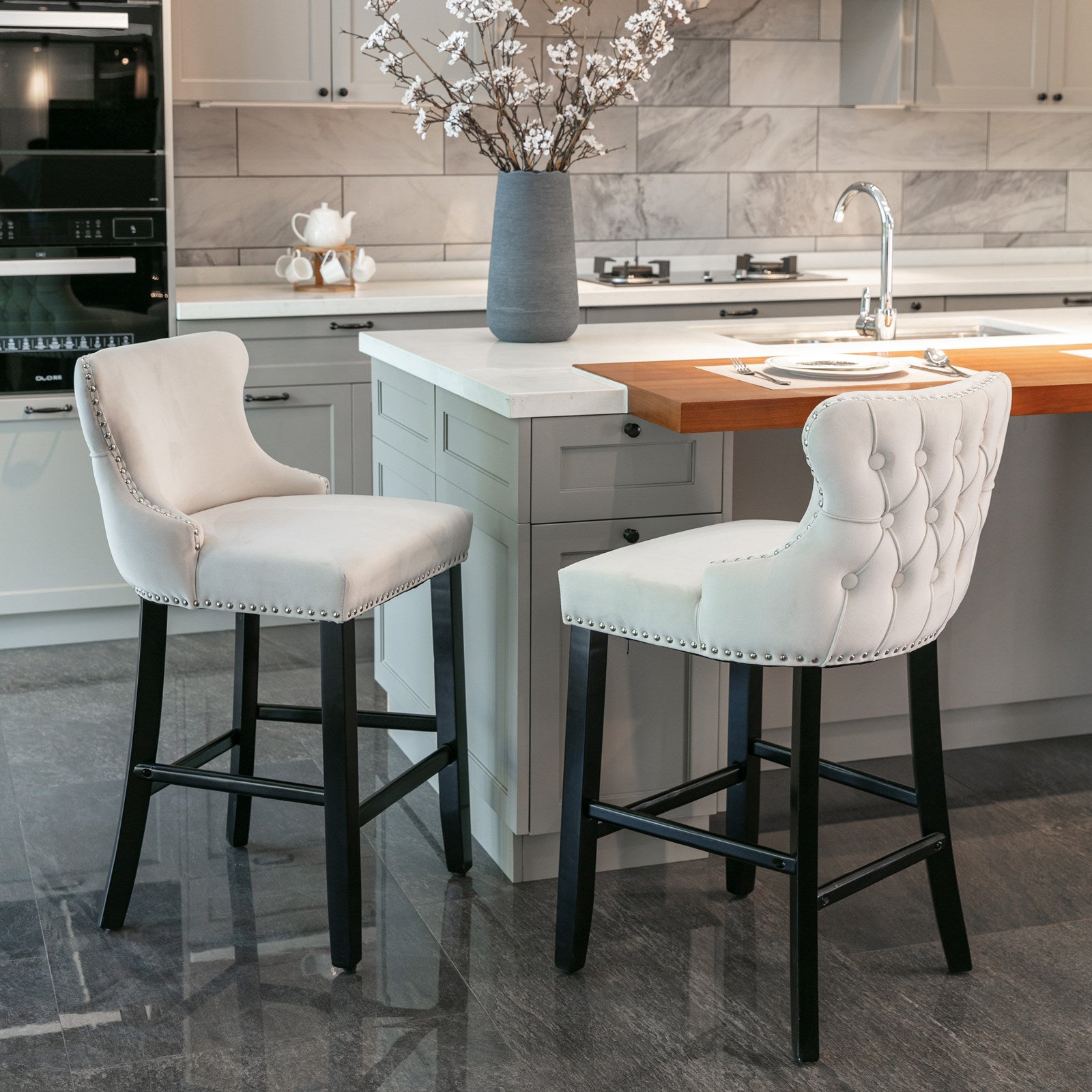 Contemporary Velvet Upholstered Wingback Bar Stools - Set of 4 Beige Bar Chairs with Button Tufted Design, Wooden Legs & Chrome Nailhead Trim | Perfect for Kitchen Islands, Home Bars & Modern Dining Areas