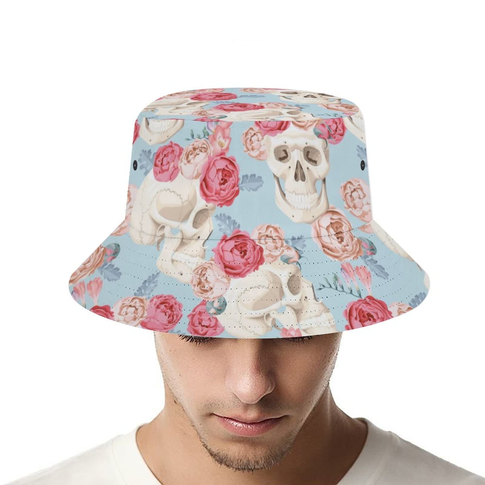 Stylish Unisex Skull Pink Floral Bucket Hat - UV Protection Summer Sun Hat for Women & Men, Packable Travel Beach Hat for Outdoor Activities, Fishing, and Vacation Essentials