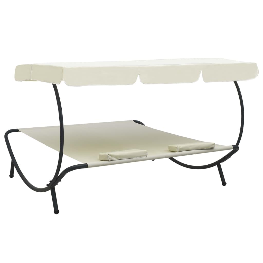 vidaXL Cream White Double Sun Lounger with Canopy & Weatherproof Pillows | Heavy-Duty Outdoor Daybed for Patio, Backyard, Poolside | Perfect for Sunbathing, Relaxation & Beach Vacations