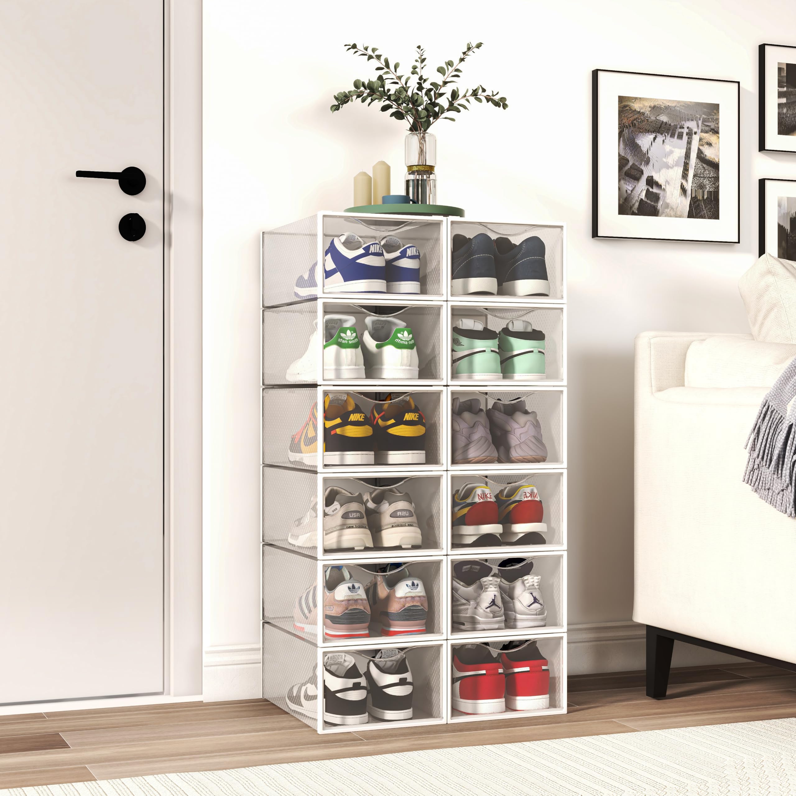 12 Pack Clear Plastic Stackable Shoe Storage Bins - Foldable Shoe Organizer for Closet & Sneaker Holder | Space Saving Shoe Box Container for Home, Office & Dorm Organization