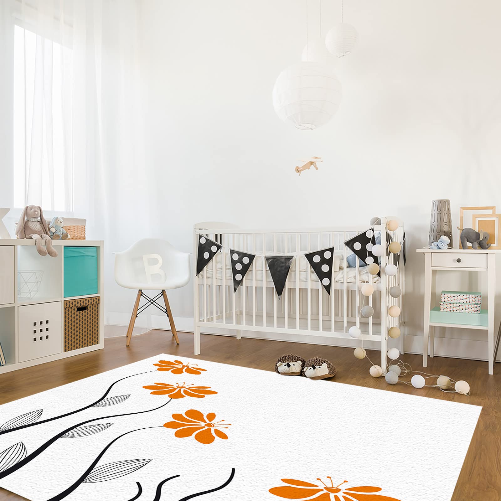 5'x8' Washable Area Runner Rug - Orange Aqua Floral Striped Leaves Modern Geometric Print for Kitchen, Living Room, Bathroom, Bedroom | Non-Slip Bath Mat Perfect for Homes with Pets & Kids