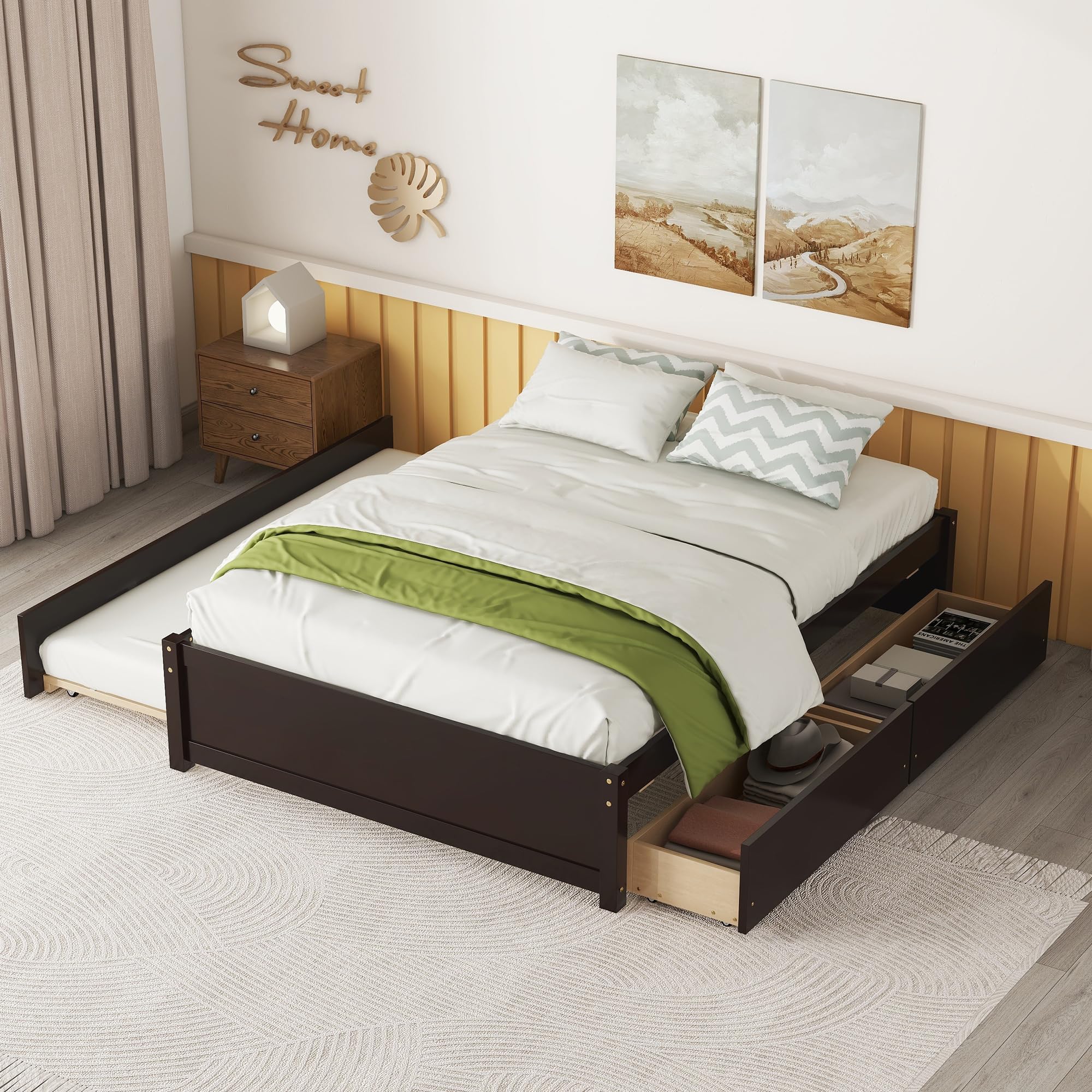 HomSof Full Bed with Twin Trundle & 2 Drawers - Convertible to 2 Platform Beds, Espresso Finish, 79.52