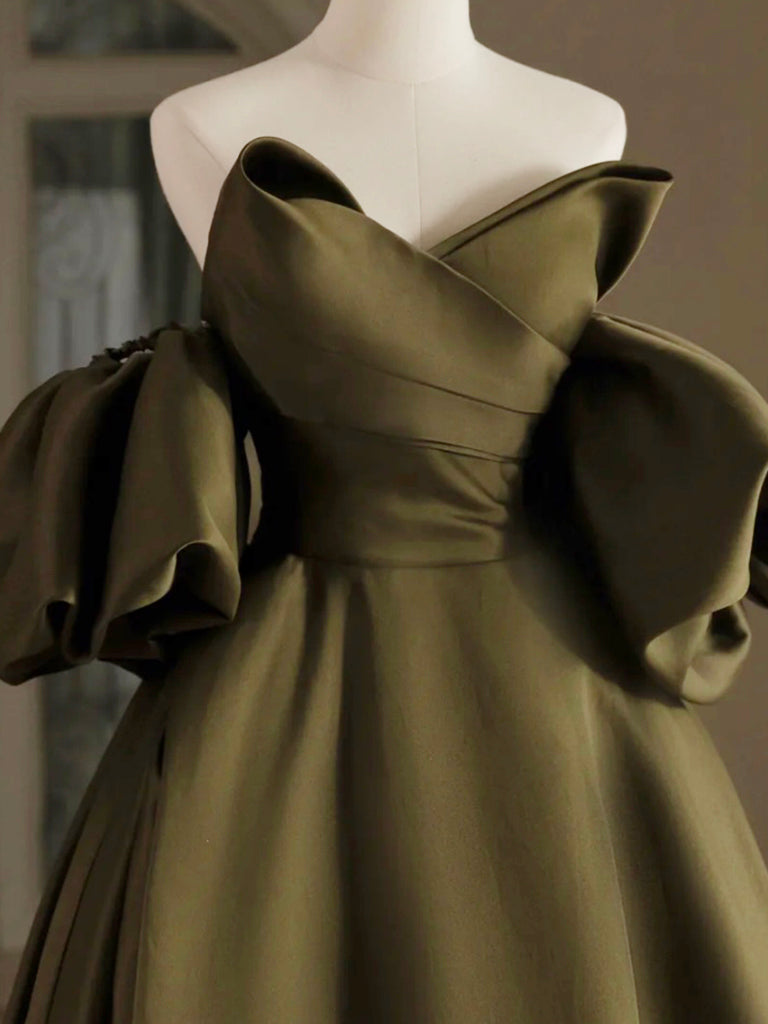 Elegant Olive Green A-Line Puff Sleeve Satin Short Prom Dress | Homecoming Party Gown | Perfect for Formal Dances, Graduation & Special Occasions