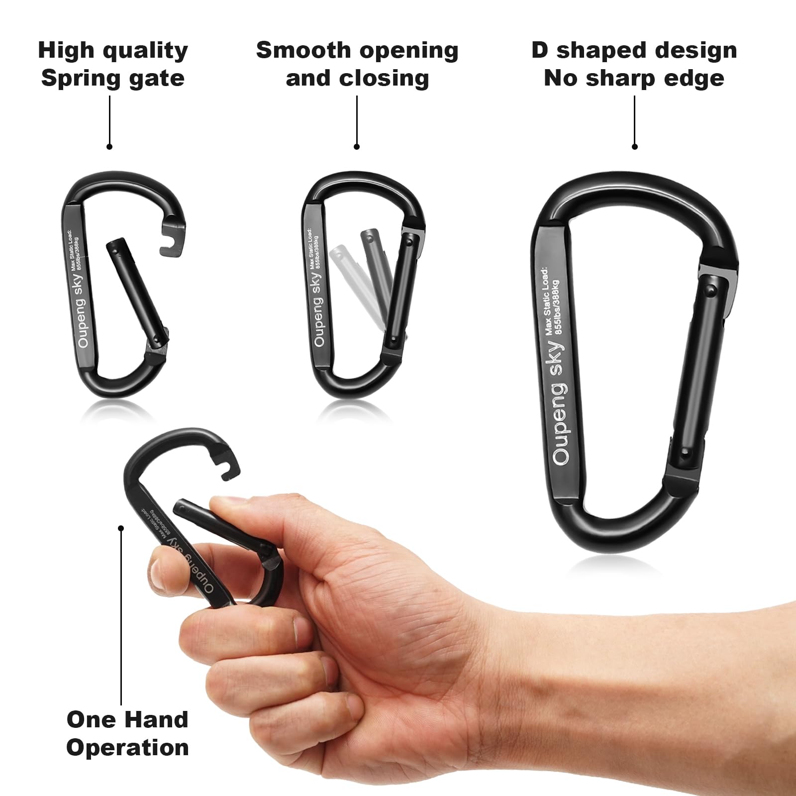Heavy Duty 855lbs D-Shaped Carabiner Clip - 3