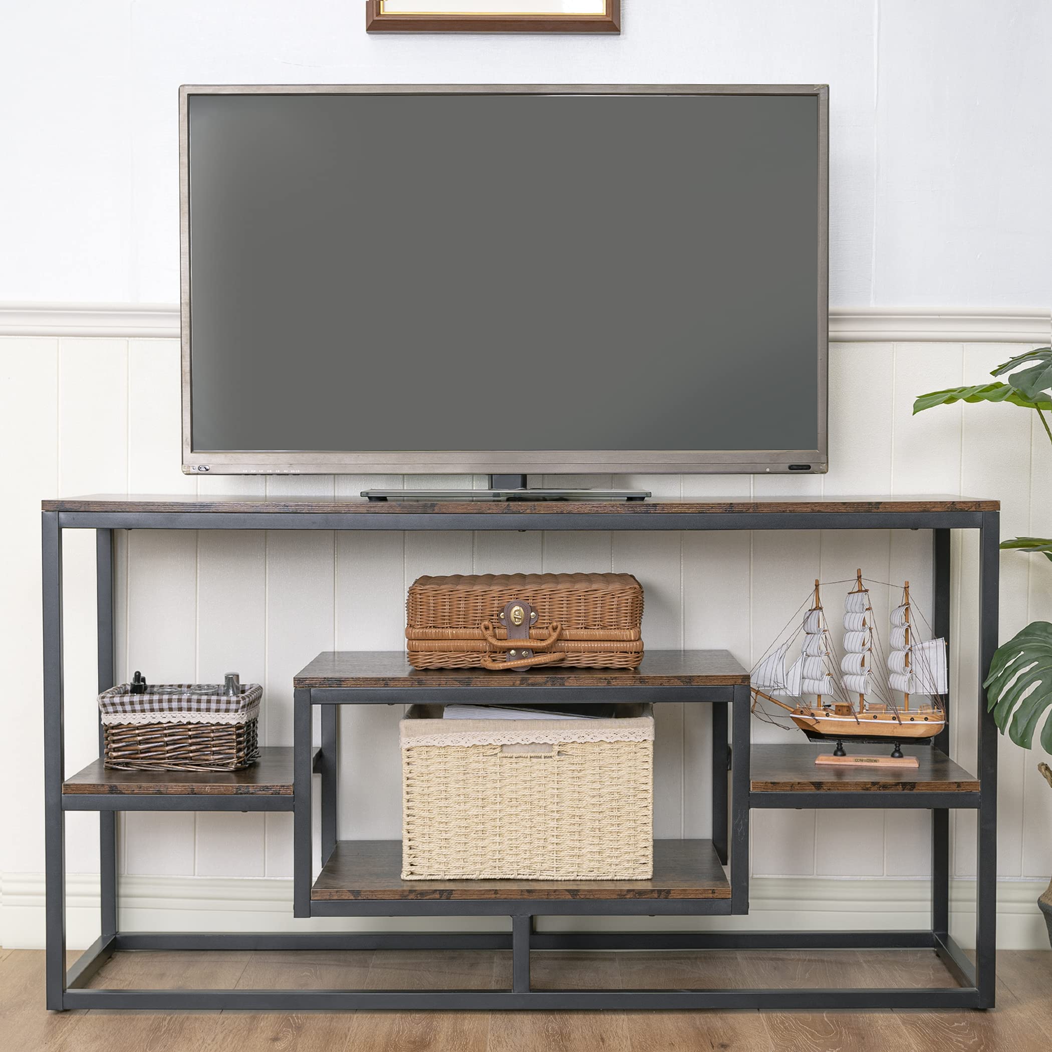 **Becko Rustic Brown TV Stand for 50-60 Inch TVs - Farmhouse Entertainment Center with Storage Shelves, Industrial Media Console Table for Living Room - Perfect for Home Theater & Modern Farmhouse Decor**