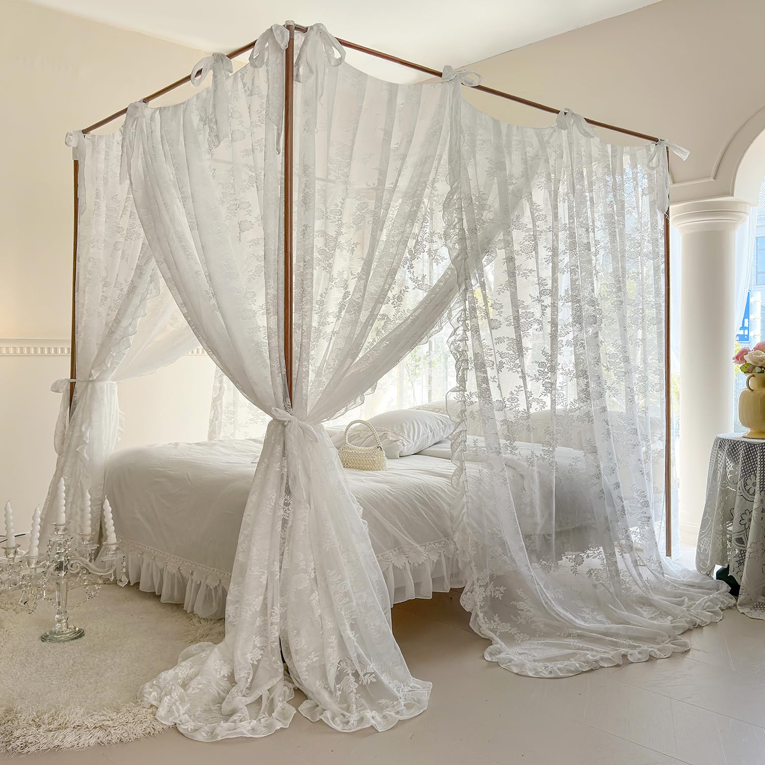 Elegant White Sheer Canopy Bed Curtains with Tie Backs - Bedroom Decor Drapes for Queen/King Size Beds | Perfect for Romantic Bedroom Makeover, Wedding Decor & Boho Chic Style