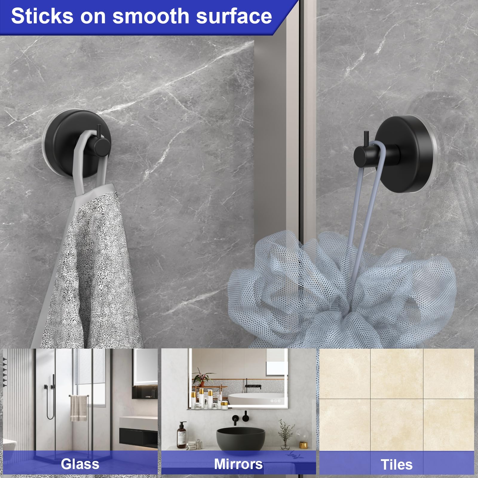 HUFEEOH 2-Pack Black Shower Towel Hooks - Removable Suction Cup Hooks for Bathroom & Kitchen