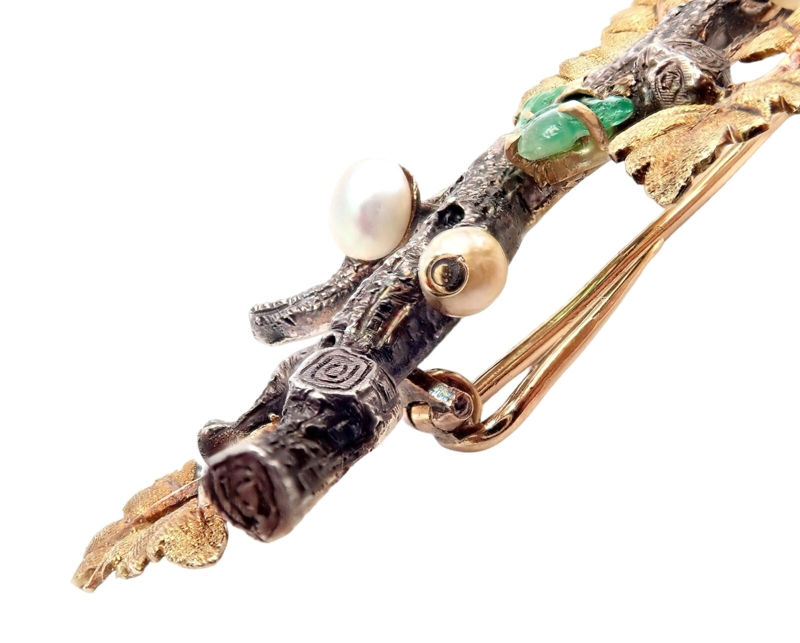 Vintage Buccellati 18K White & Yellow Gold Carved Emerald Branch Brooch Pin - Elegant Jewelry for Women, Perfect for Weddings, Parties & Special Occasions
