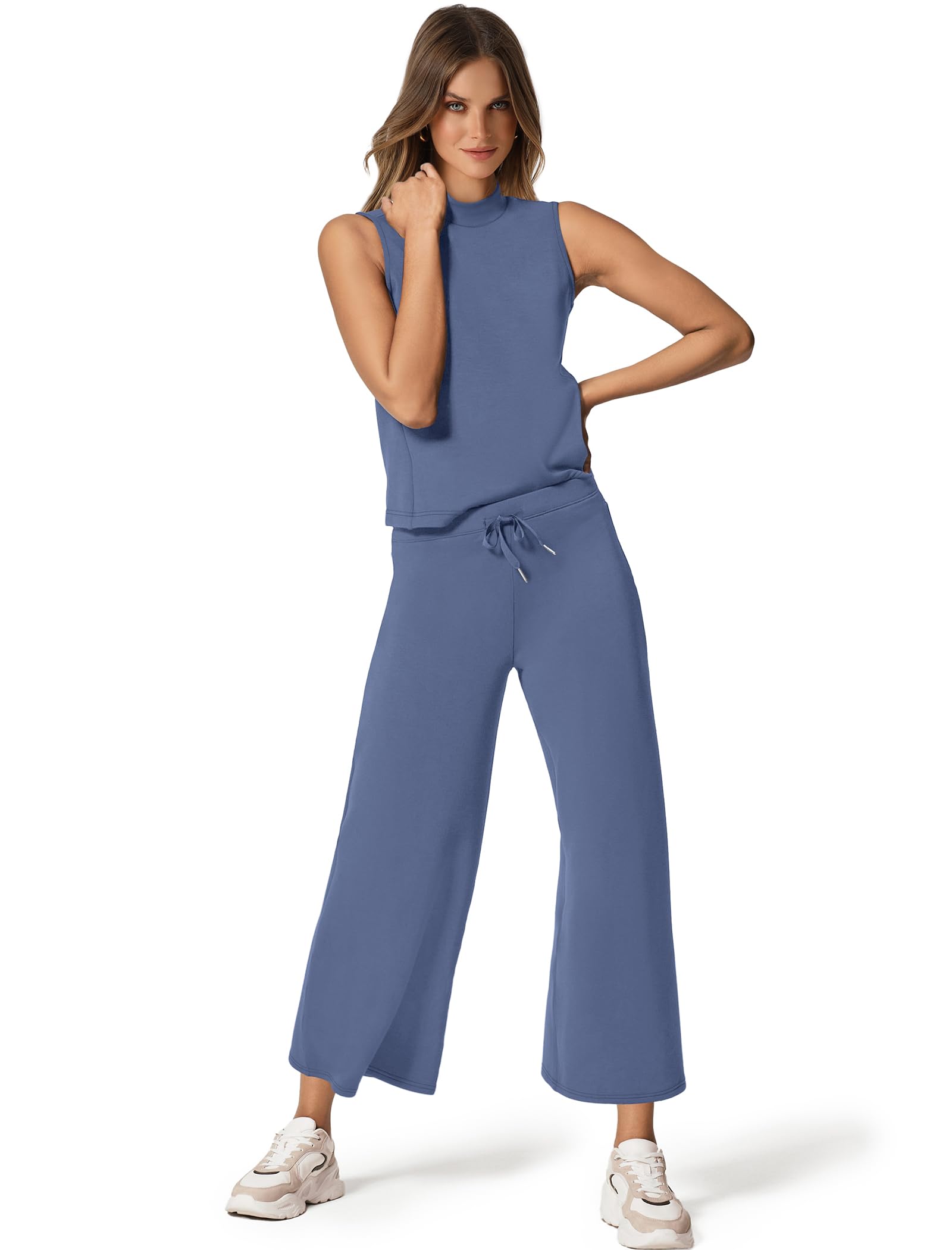 Stylish SAMPEEL Women's Two Piece Sets - Summer Lounge Outfit with Mock Neck Top & Wide Leg Crop Pants | Perfect for Vacation, Travel & Casual Wear