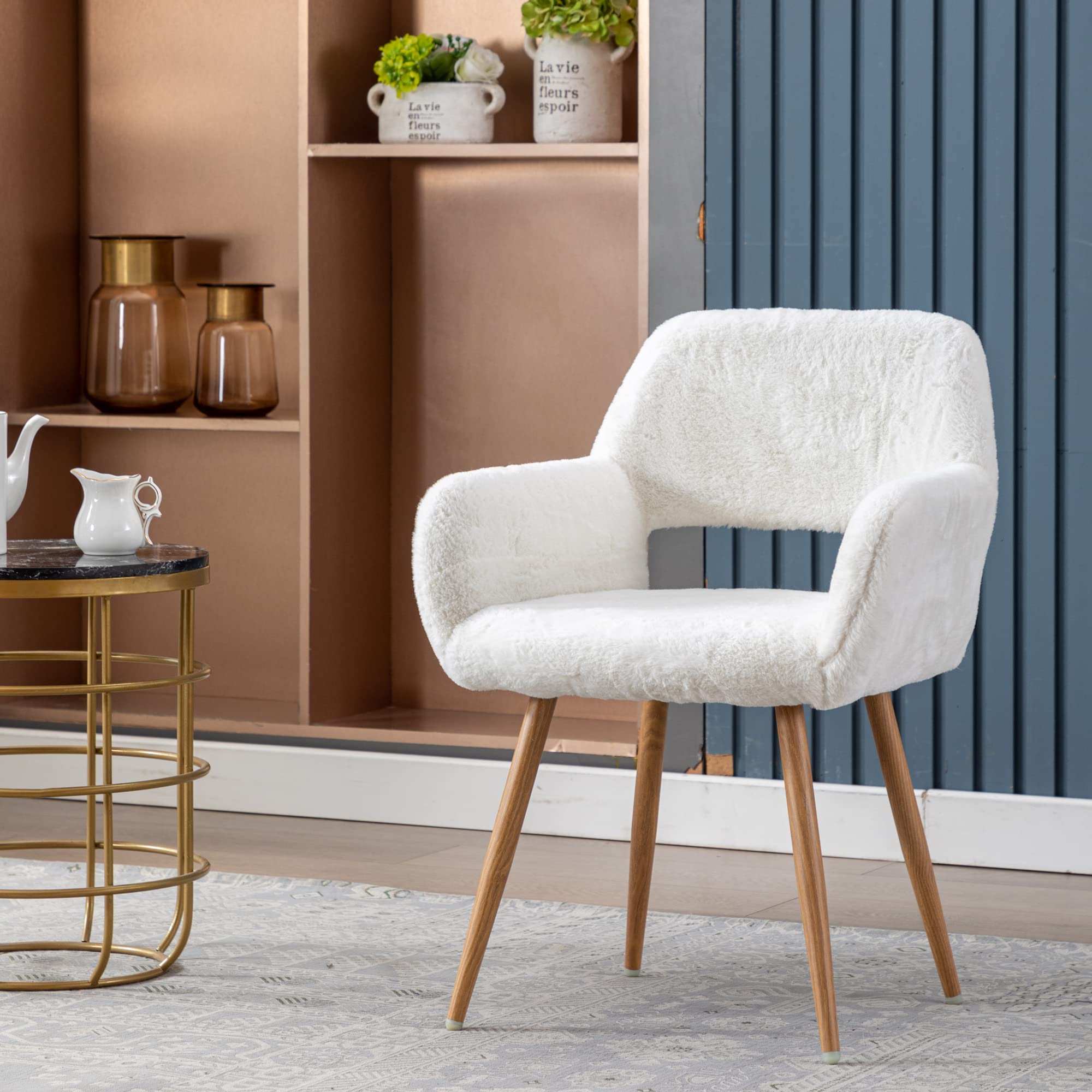 Mid Century Modern Dining Chairs with Faux Fur Upholstery & Steel Legs - Set of 4 Comfortable Side Chairs for Dining Room, Kitchen, or Home Office