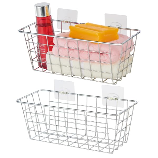 2 Pack Hanging Storage Baskets - No Drill Bathroom & Kitchen Organizer with Damage-Free Adhesive Tape - Space Saving Cabinet Storage Solution for Bathroom, Kitchen, Pantry & Closet Organization