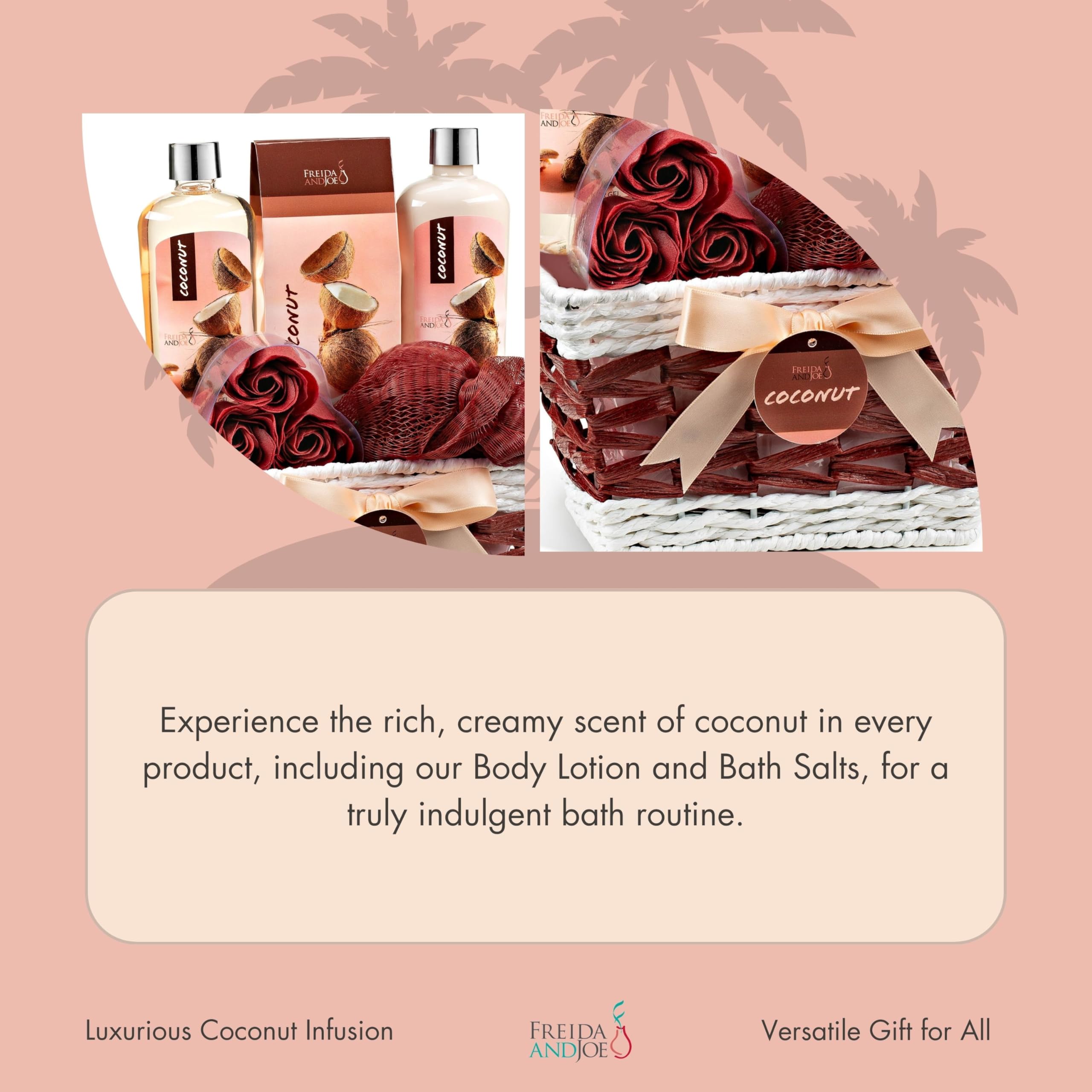 Luxury Coconut Spa Gift Basket - 6-Piece Bath & Body Set with Shower Gel, Body Lotion, Bath Salts, Soap Flowers & Natural Loofah in Wicker Basket - Perfect Valentine's Day, Mother's Day & Birthday Gift for Women - Relaxing Self Care & Pampering Gift Set for Spa Lovers