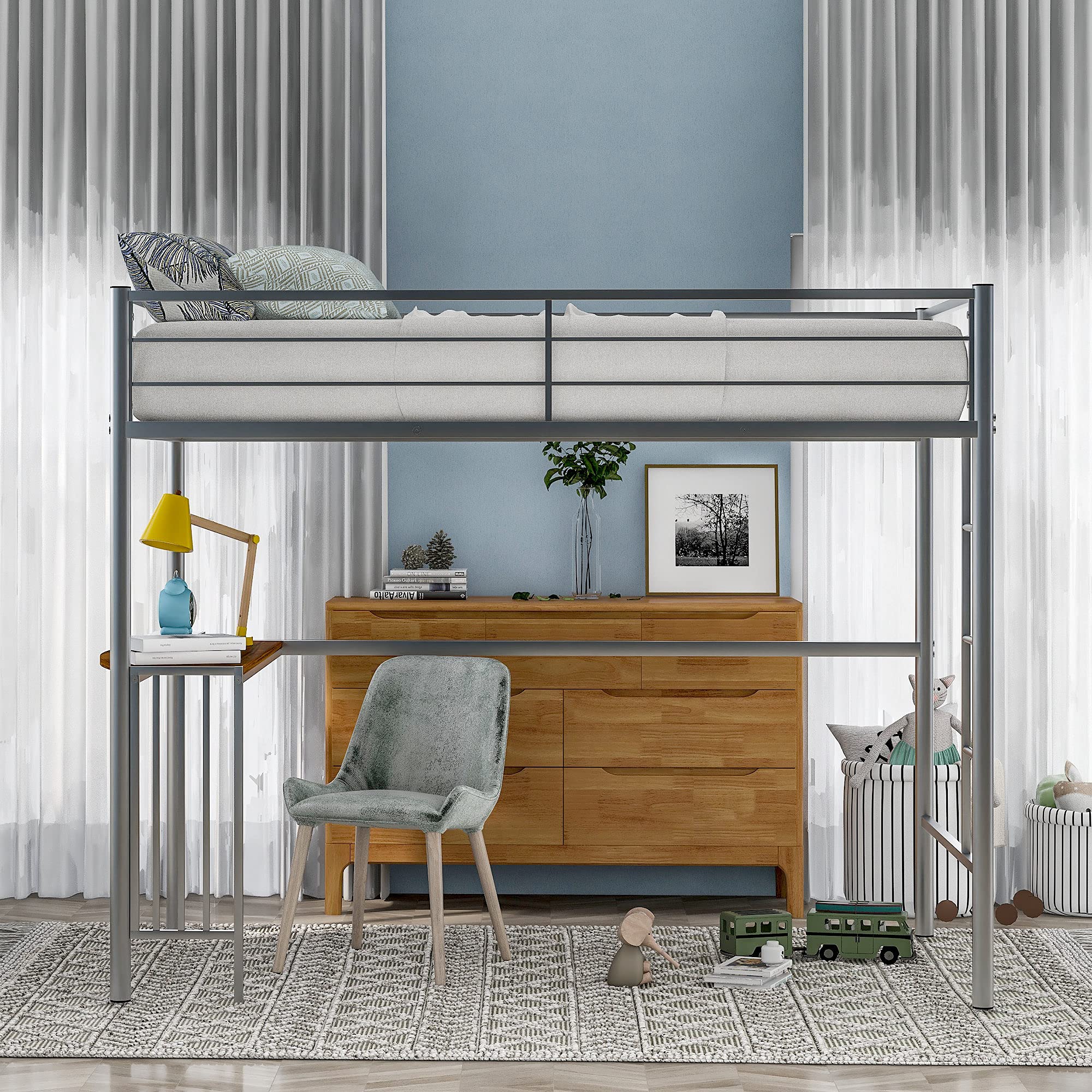 **Metal Loft Bed Frame with Ladder & Guardrails - Twin Size Bunk Bed with Built-in Desk & Bookcase - Space-Saving Loft Bed for Kids & Teens - Perfect for Small Bedrooms, Dorms & Studio Apartments (Silver)**