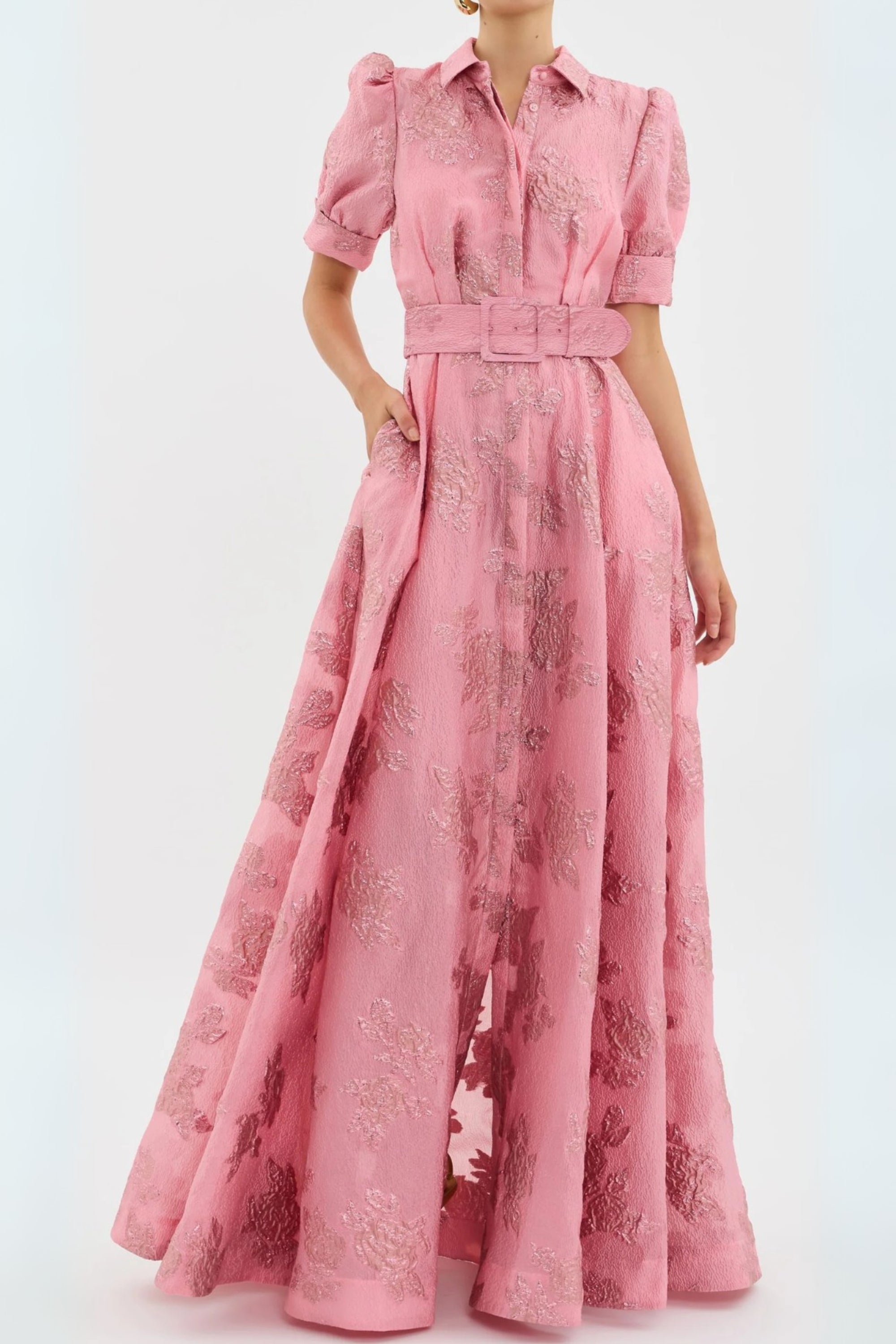 Annette Floral Embellished Button Gown in Pink | Elegant Women's Formal Dress for Weddings, Parties & Special Occasions
