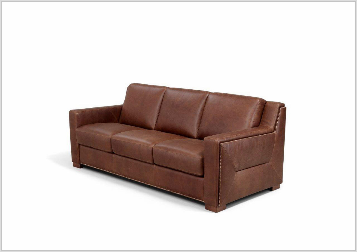 Kathy Ireland Alaves 3-Seater Brown Genuine Leather Queen Size Sleeper Sofa Bed - Convertible Couch for Living Room, Guest Room & Small Spaces
