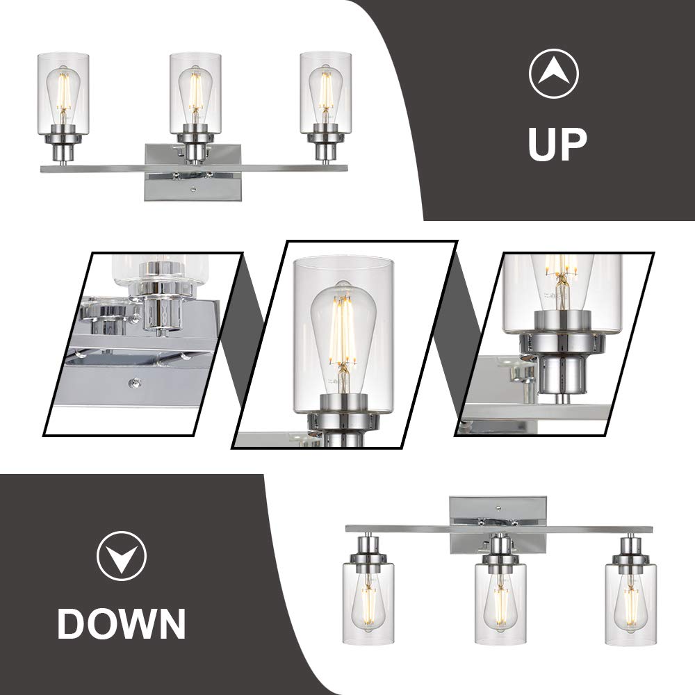 Modern Chrome Bathroom Vanity Light Fixture - 3-Light Contemporary Wall Sconce with Clear Glass Shade for Bathroom, Hallway, Kitchen & Bedroom Lighting (Patent: US D963914 S) | Perfect for Vanity Mirror Lighting, Entryway Decor & Modern Home Illumination