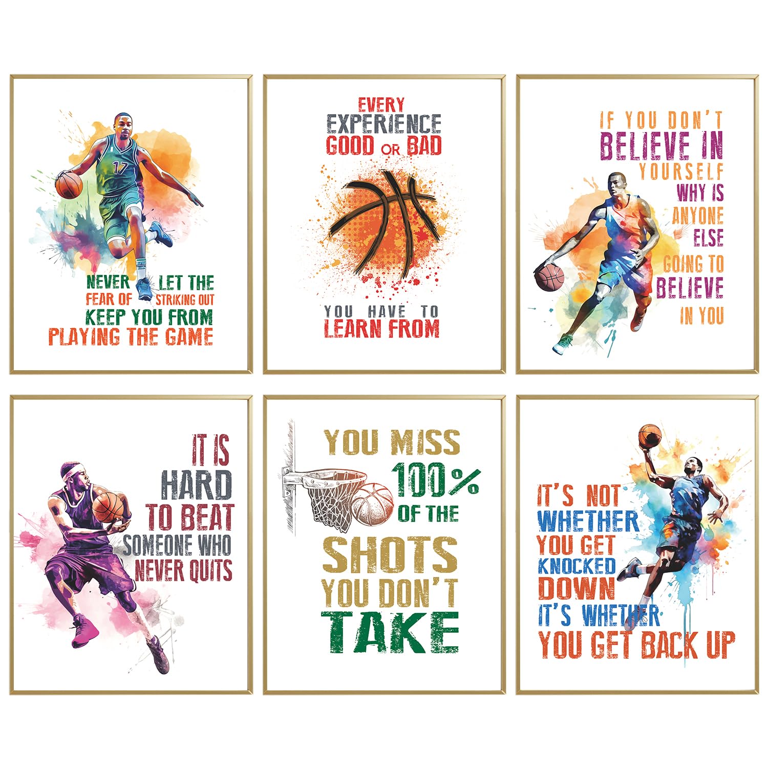 Inspirational Basketball Posters for Bedroom - Motivational Sports Wall Art with Positive Quotes - Set of 6 (8x10 Inch) - Perfect for Boys & Men's Room Decor, Game Room, Office, or Gym